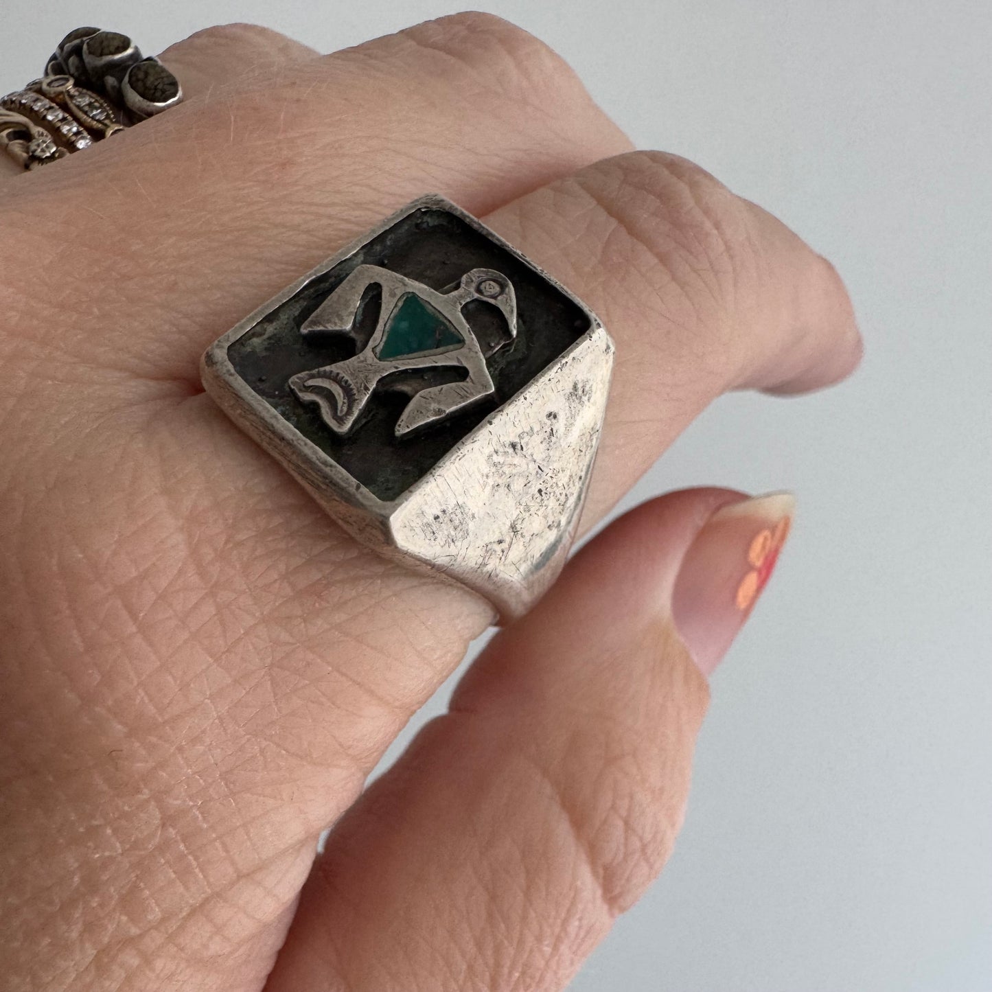 V I N T A G E // southwest signet / sterling silver and turquoise thunderbird signet ring / size 8.5