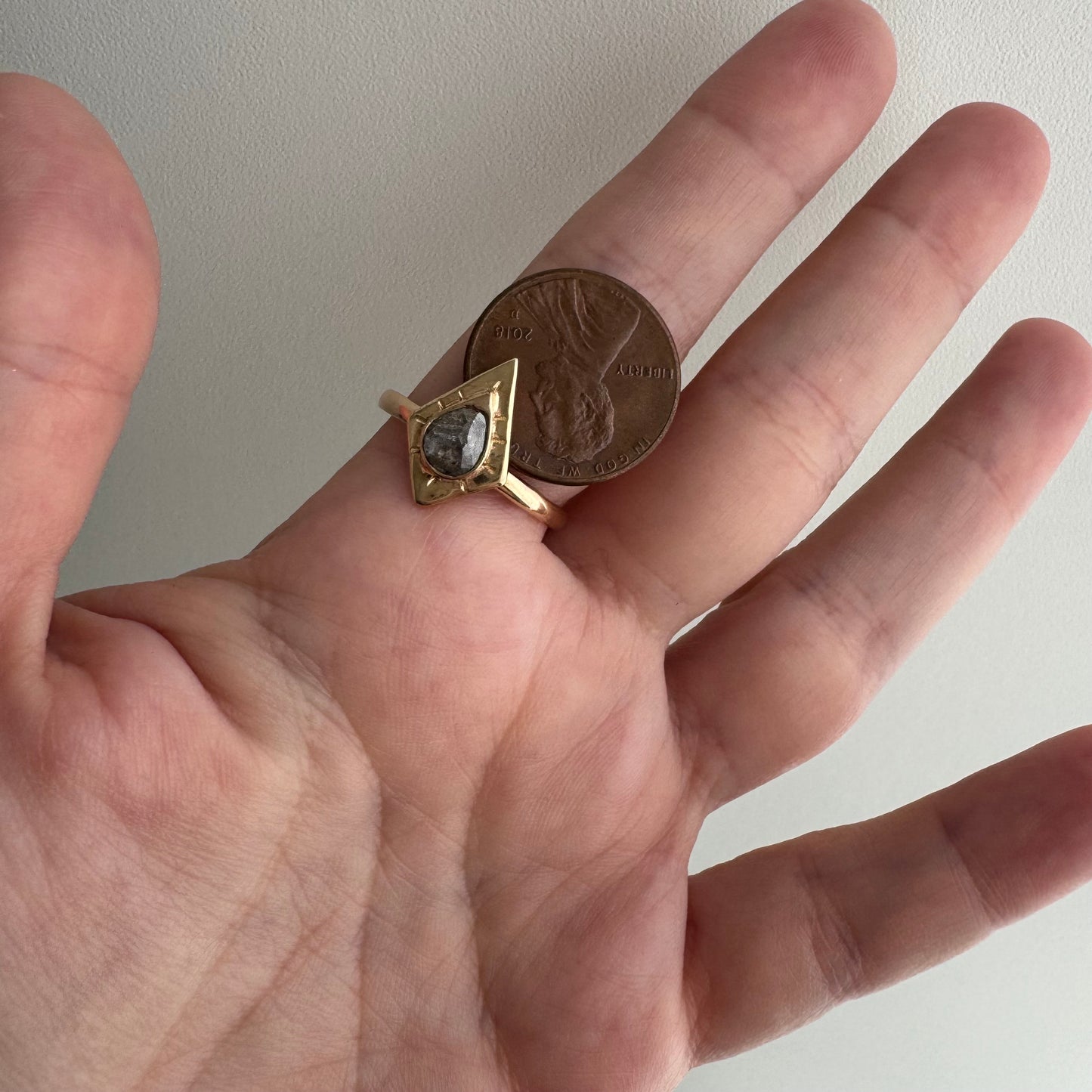 H A N D M A D E / framed drop / The Rajah Press / 14k diamond shaped shield ring with a grey rose cut diamond / size ~8.75+