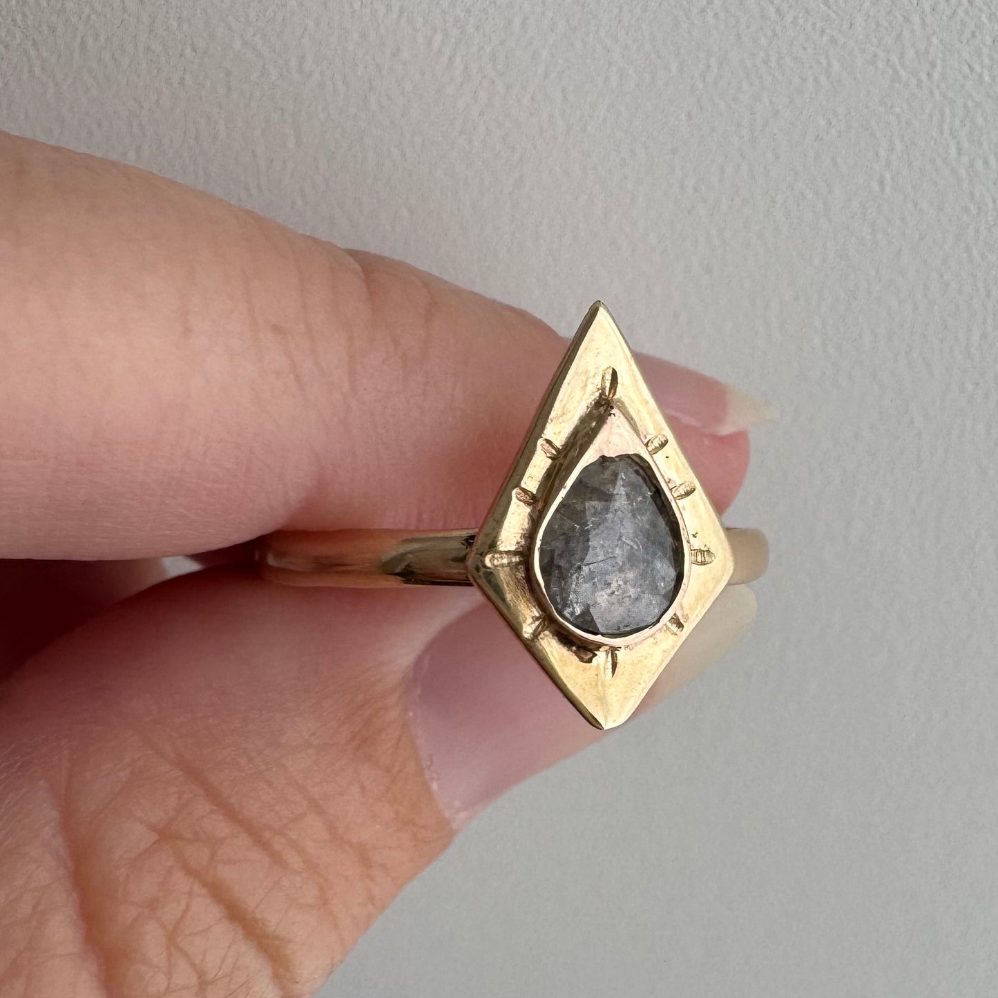 H A N D M A D E / framed drop / The Rajah Press / 14k diamond shaped shield ring with a grey rose cut diamond / size ~8.75+