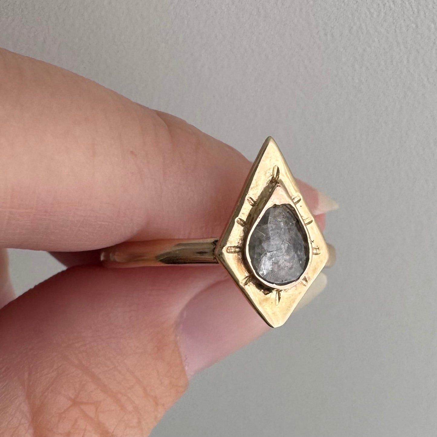 H A N D M A D E / framed drop / The Rajah Press / 14k diamond shaped shield ring with a grey rose cut diamond / size ~8.75+