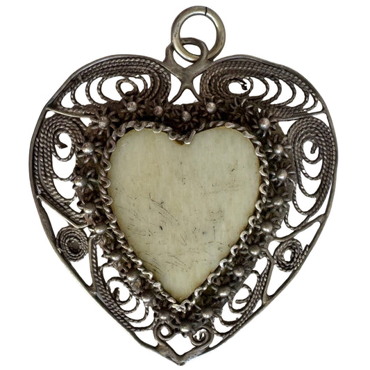 V I N T A G E // ornate heart / sterling silver filigree heart with carved bone cabochon / a pendant