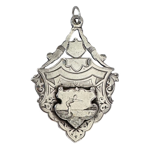 V I N T A G E / dive for it / sterling silver medal with swimmer engraving / a pendant