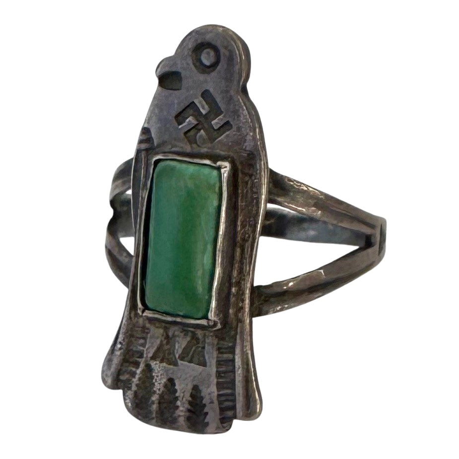 V I N T A G E // winged protector / sterling silver thunderbird and green turquoise ring / size 6.5