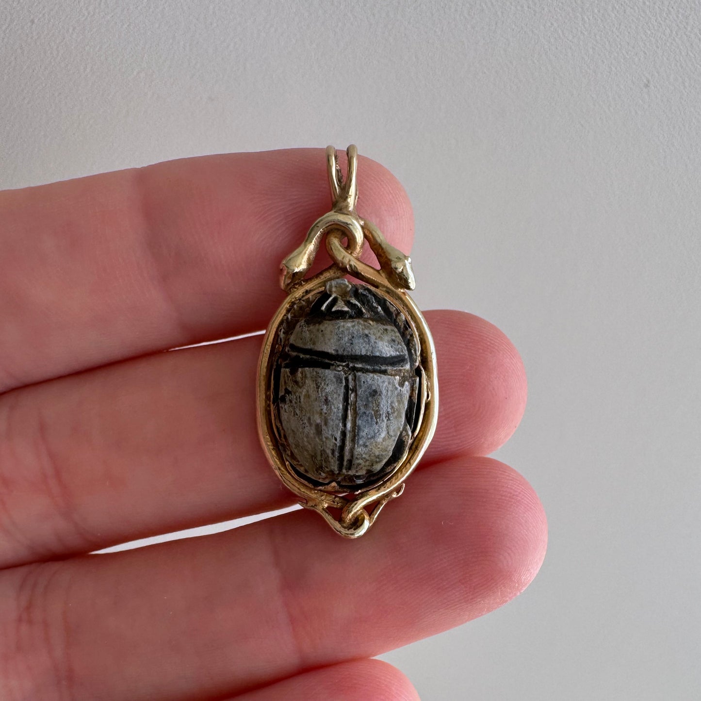 reworked A N T I Q U E // protected beetle / 14k and faience scarab and snakes / a vintage conversion pendant