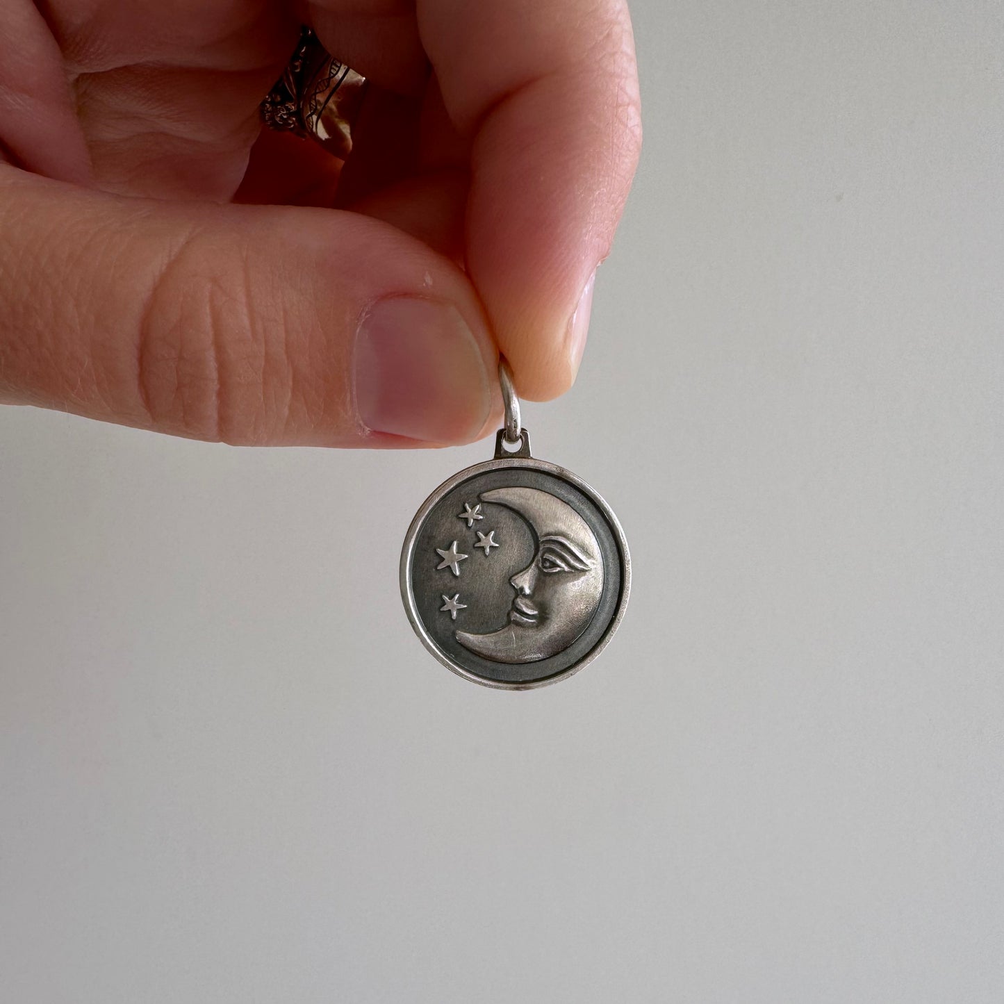 V I N T A G E // cheerful mood / sterling silver mid century moon / a pendant or large charm