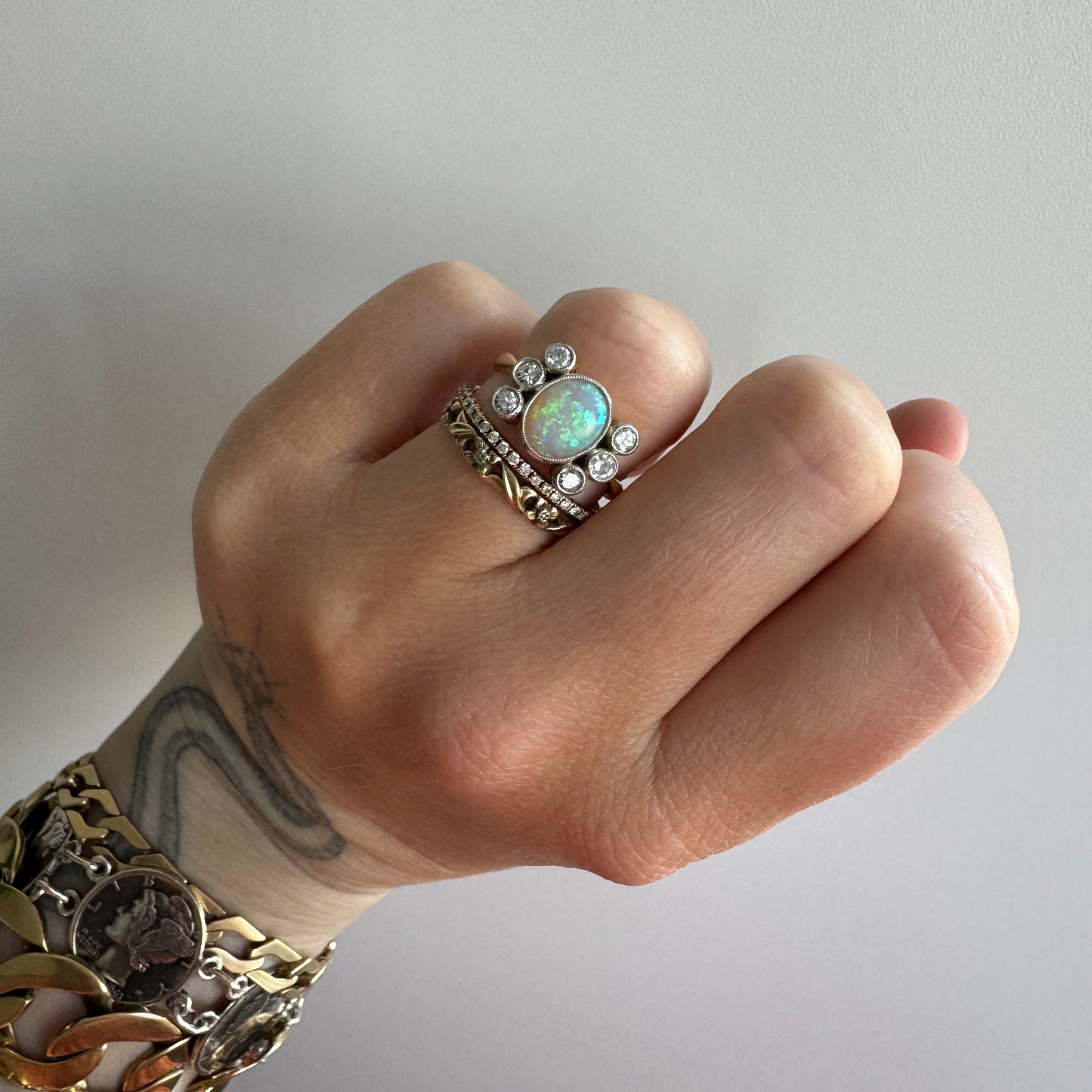 V I N T A G E // mesmerizer / 18k and platinum opal and diamond cluster ring / size 6