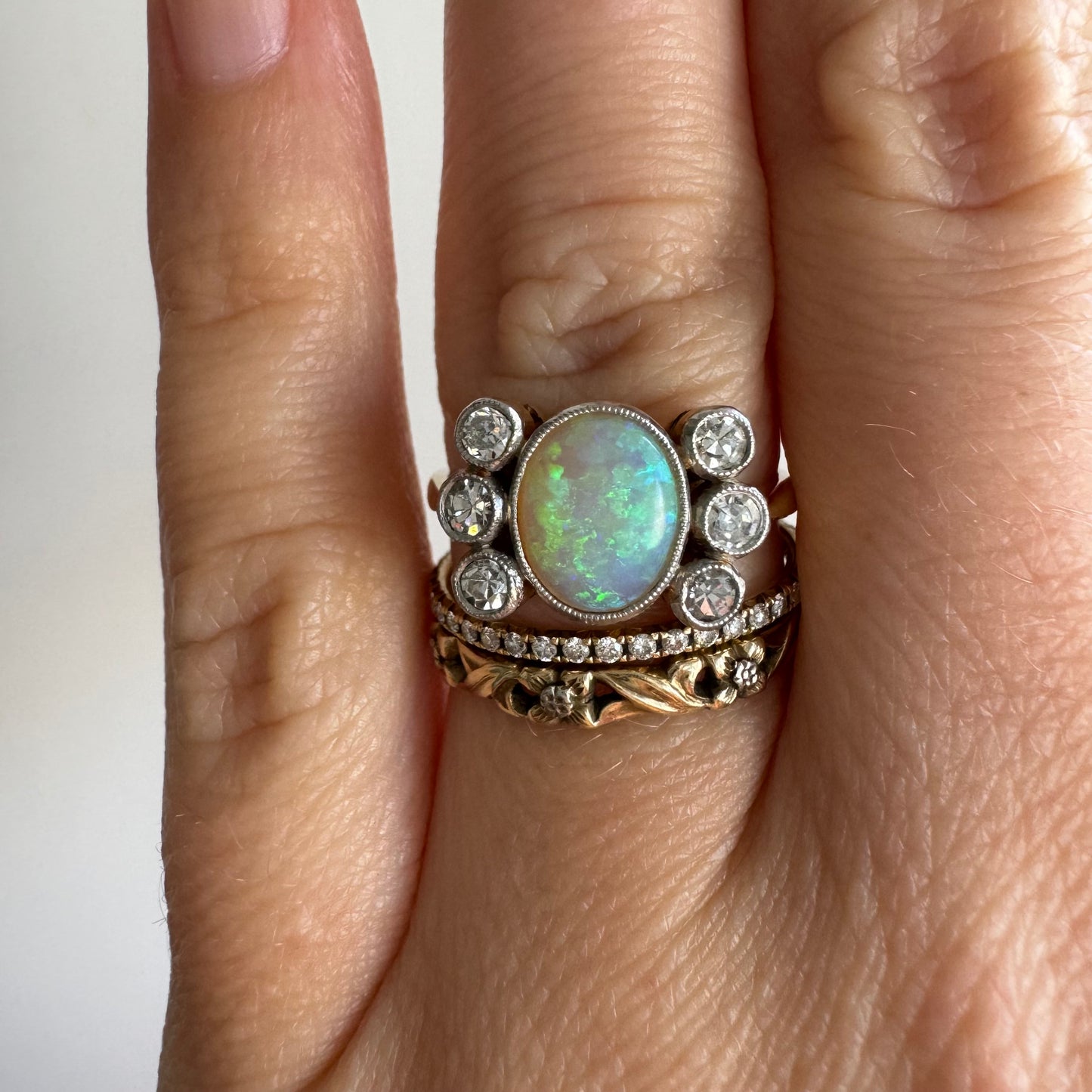 V I N T A G E // mesmerizer / 18k and platinum opal and diamond cluster ring / size 6