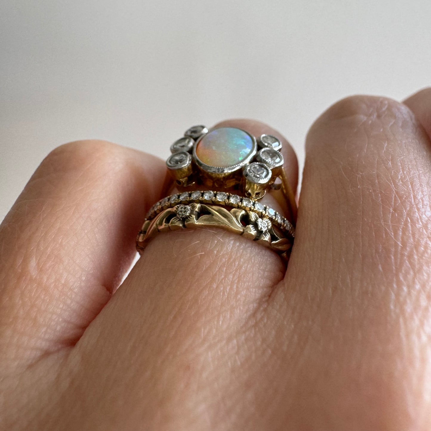 V I N T A G E // mesmerizer / 18k and platinum opal and diamond cluster ring / size 6