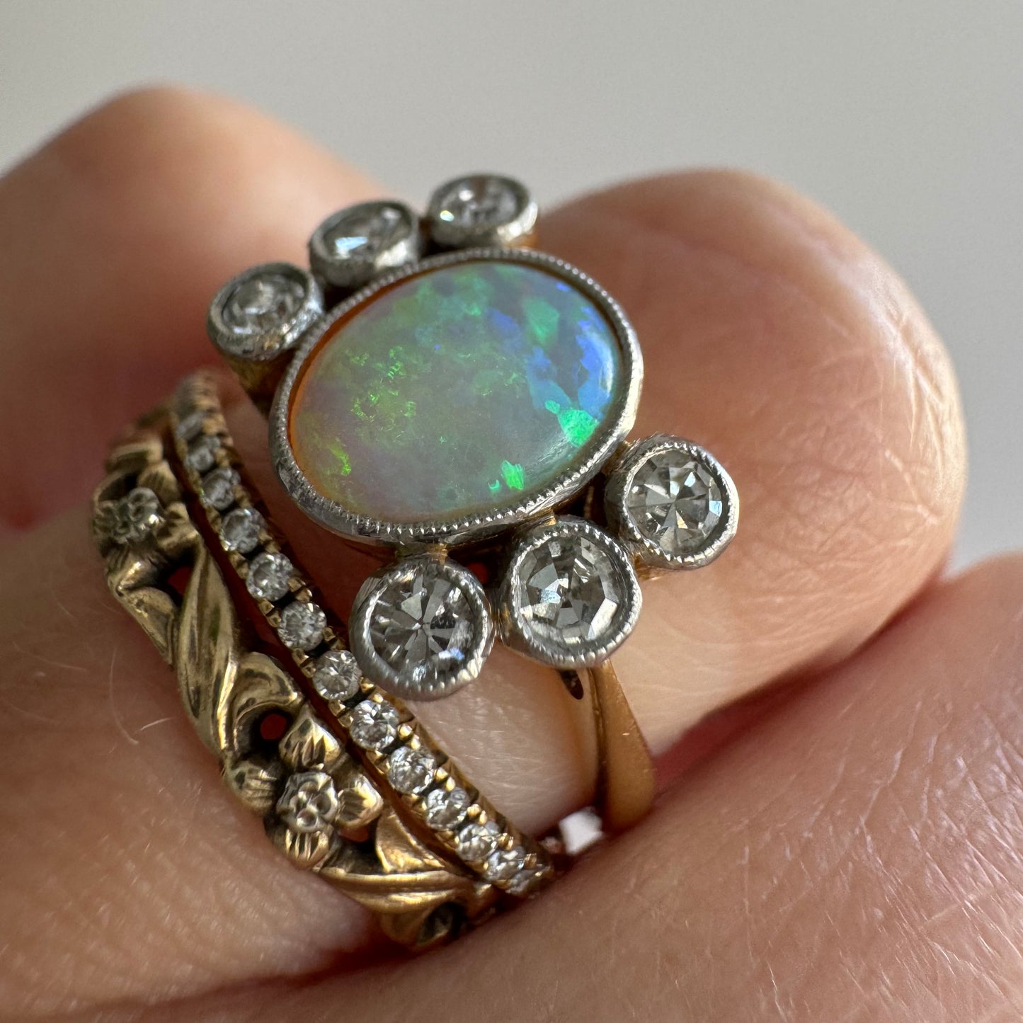 V I N T A G E // mesmerizer / 18k and platinum opal and diamond cluster ring / size 6