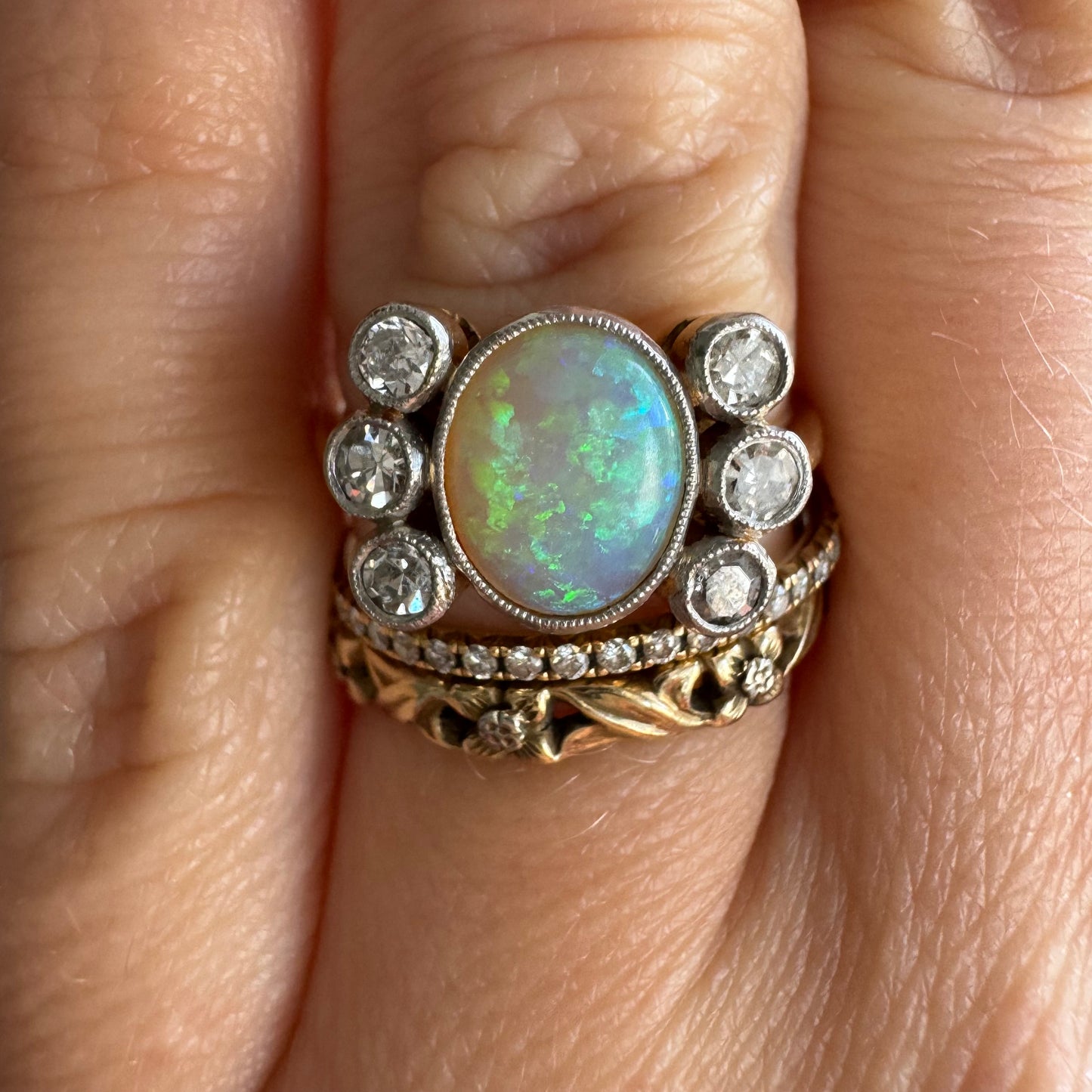 V I N T A G E // mesmerizer / 18k and platinum opal and diamond cluster ring / size 6