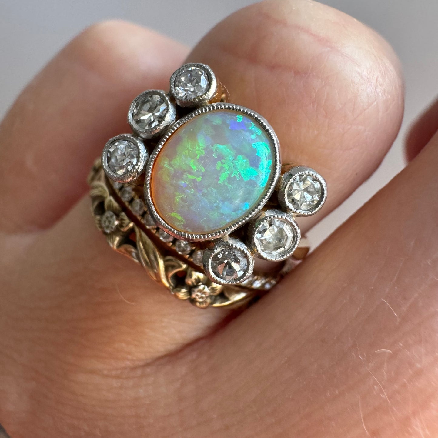 V I N T A G E // mesmerizer / 18k and platinum opal and diamond cluster ring / size 6