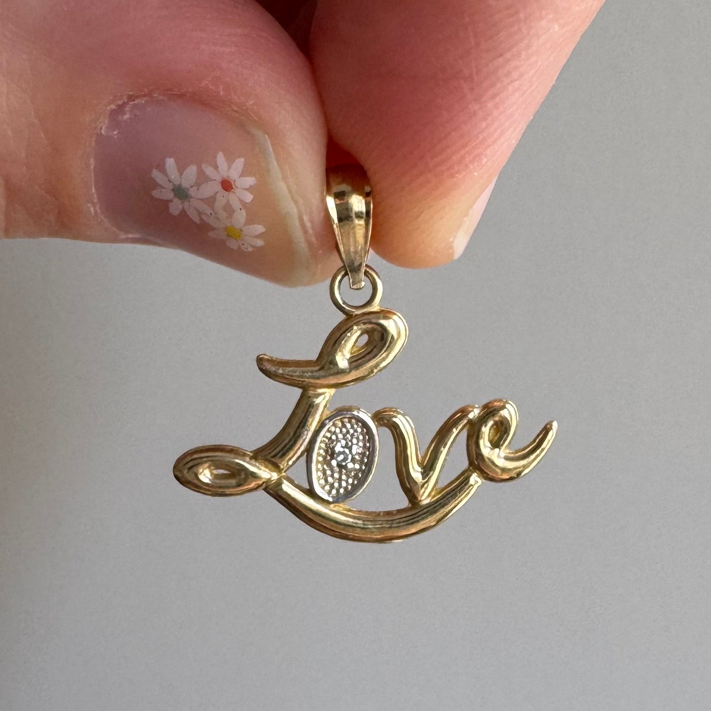 P R E - L O V E D // flowing LOVE / 10k yellow gold and tiny diamond love word / a pendant