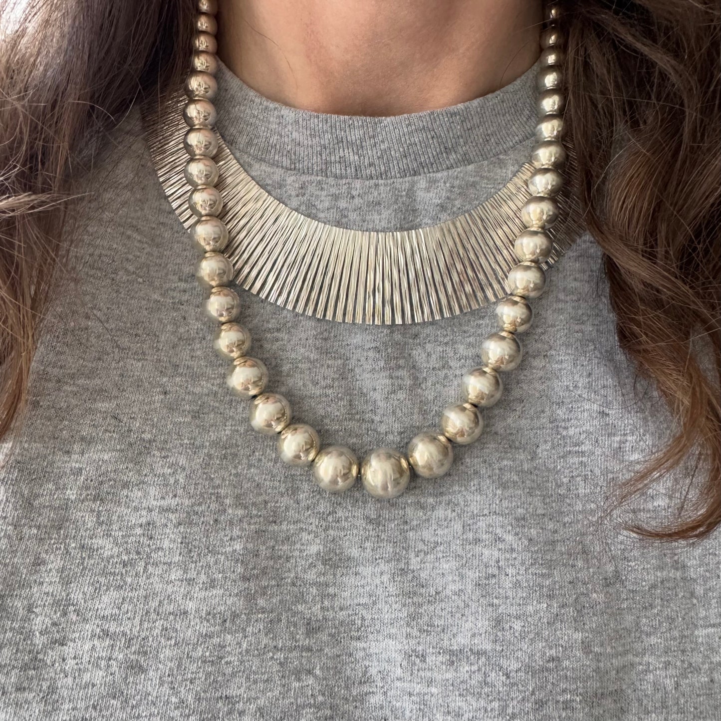 V I N T A G E // Cleopatra panels / sterling silver wide and dappled paneled fringe collar necklace / 16.5", 42.6g