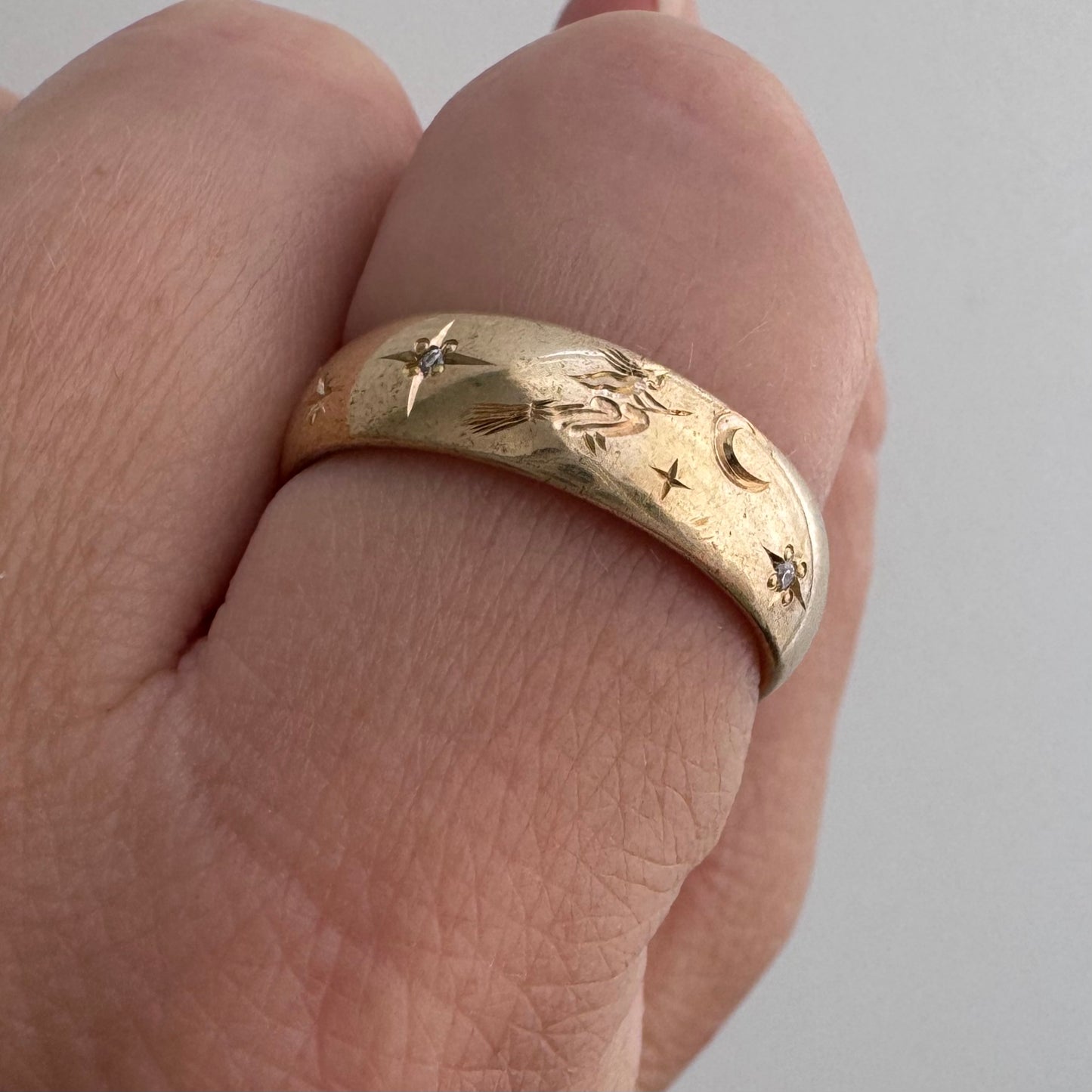 reimagined V I N T A G E // the best witch / 14k and diamond starburst eternity band with a witch flying on a broom / size 8ish