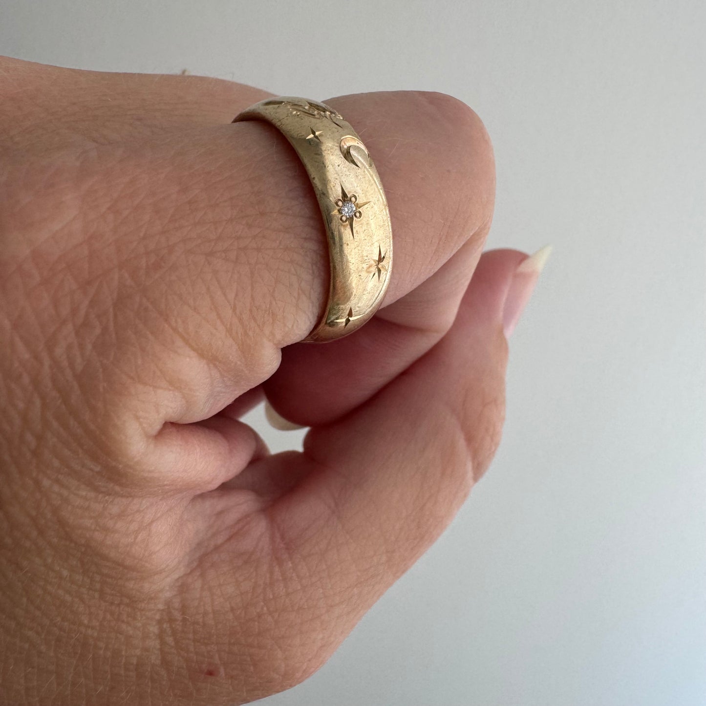 reimagined V I N T A G E // the best witch / 14k and diamond starburst eternity band with a witch flying on a broom / size 8ish