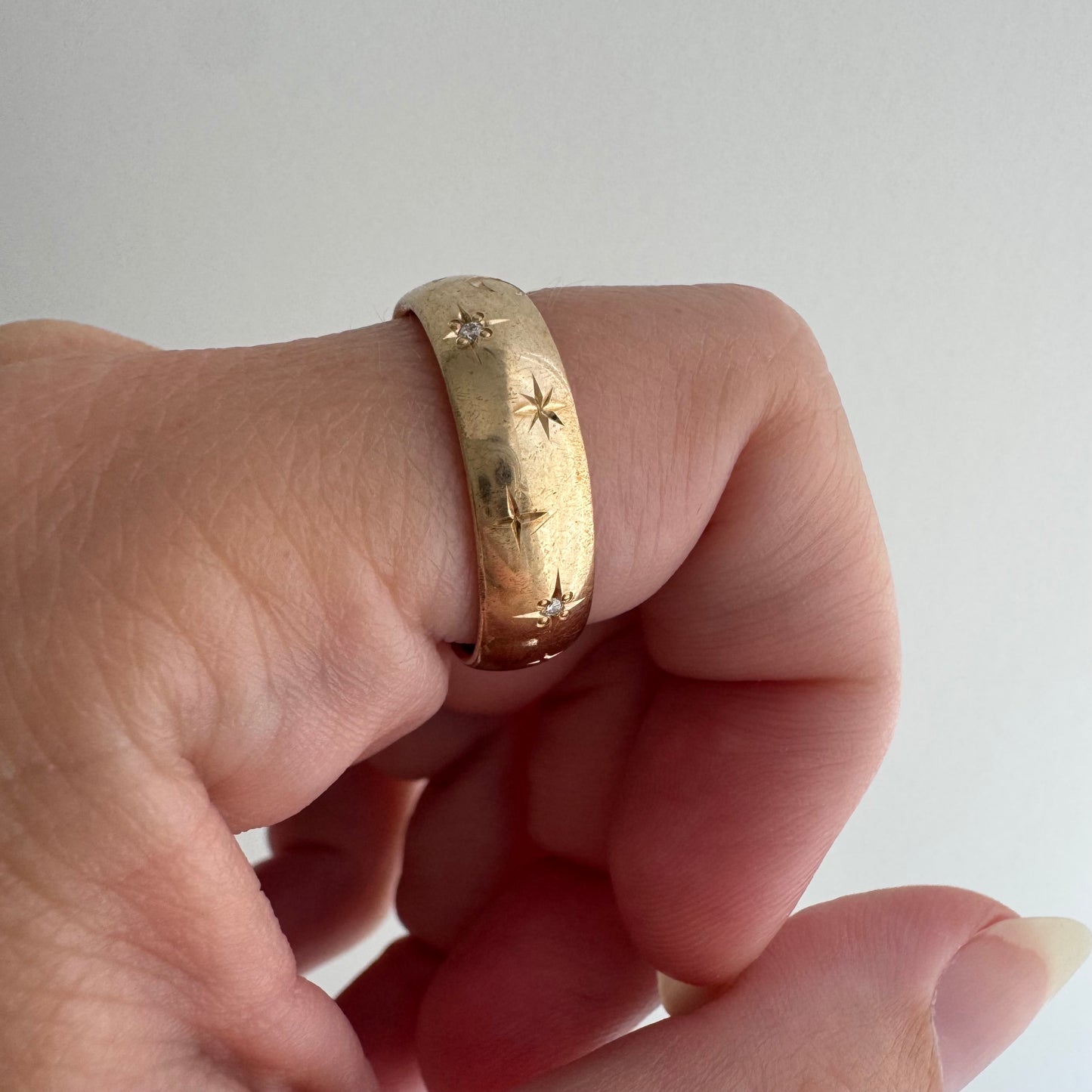 reimagined V I N T A G E // the best witch / 14k and diamond starburst eternity band with a witch flying on a broom / size 8ish