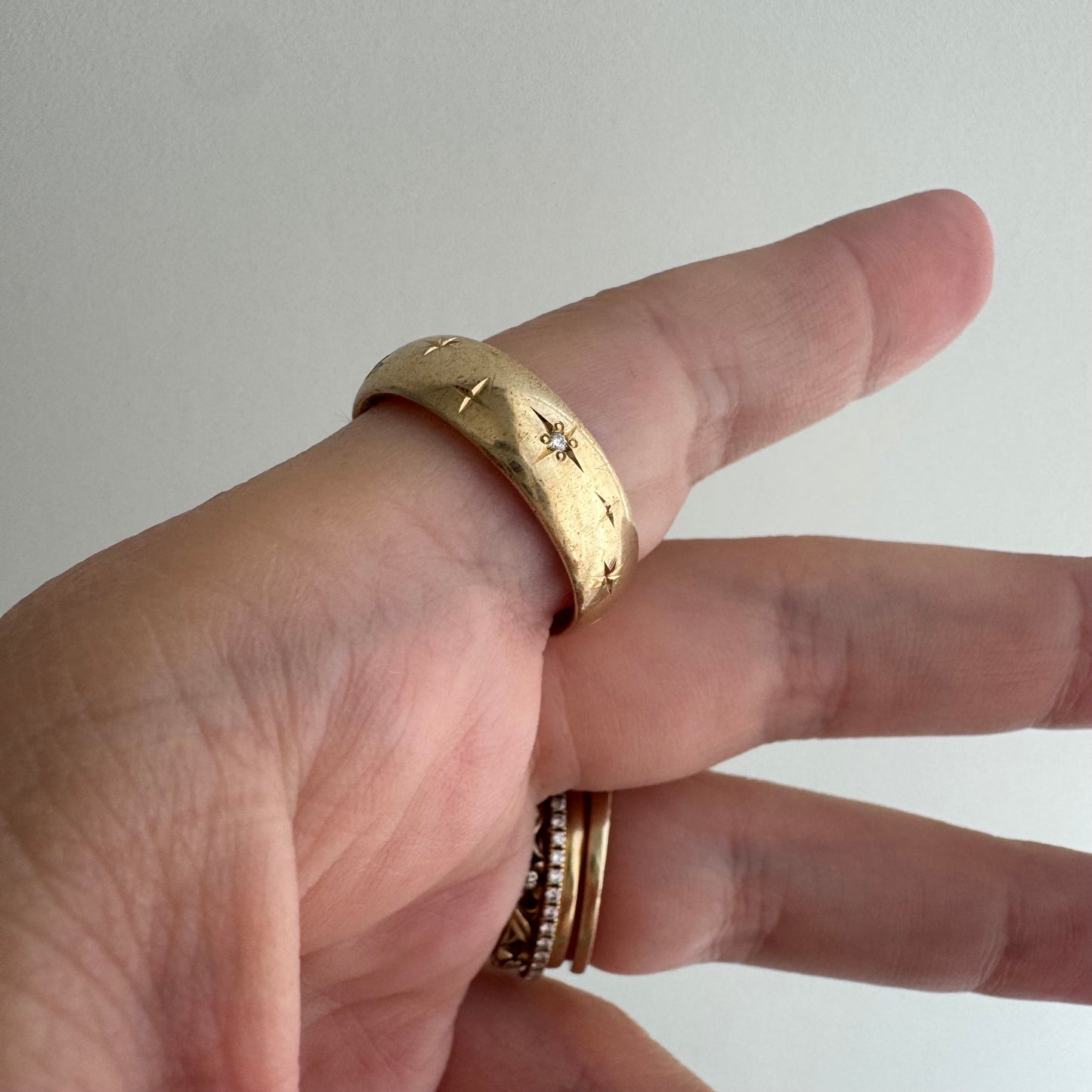 reimagined V I N T A G E // the best witch / 14k and diamond starburst eternity band with a witch flying on a broom / size 8ish