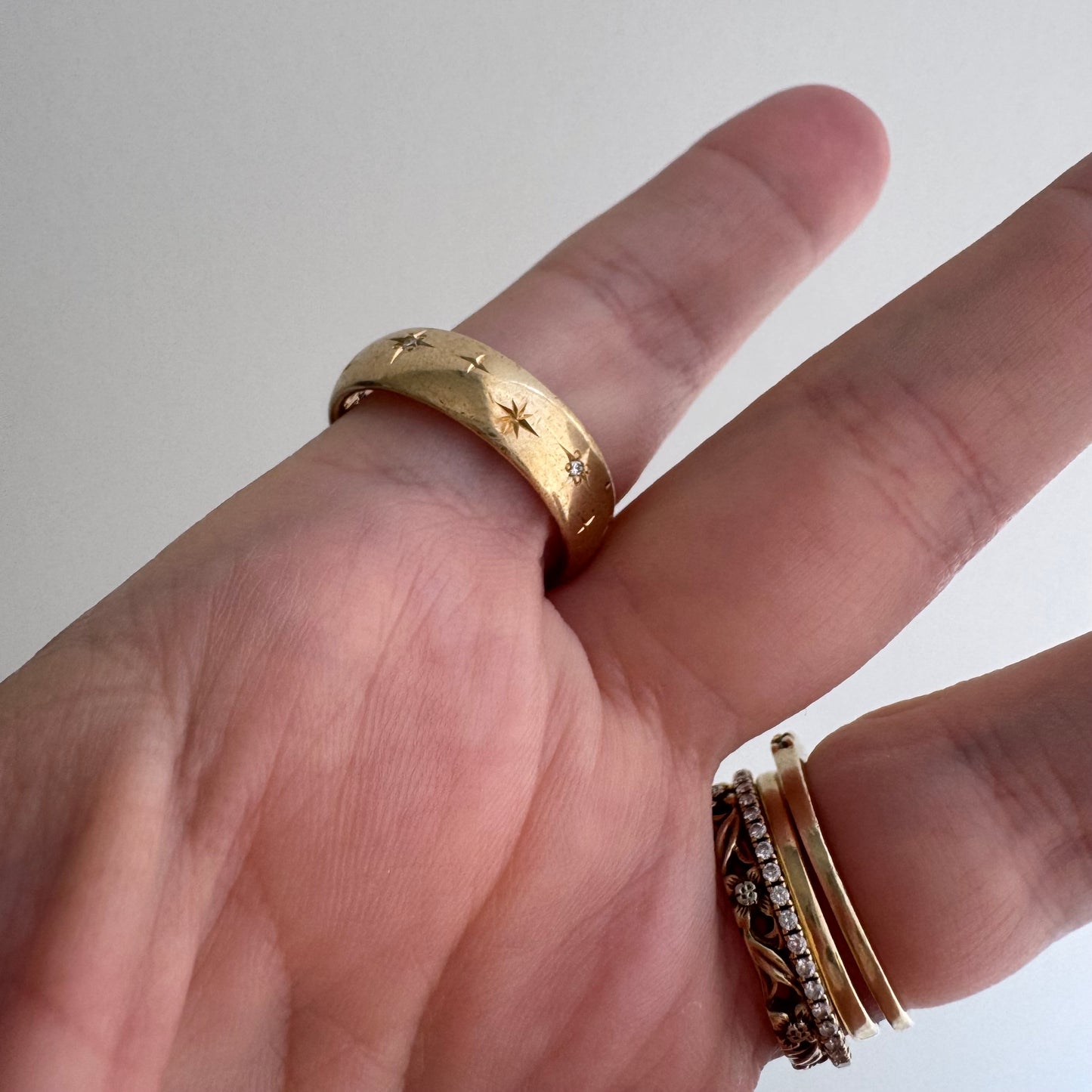 reimagined V I N T A G E // the best witch / 14k and diamond starburst eternity band with a witch flying on a broom / size 8ish