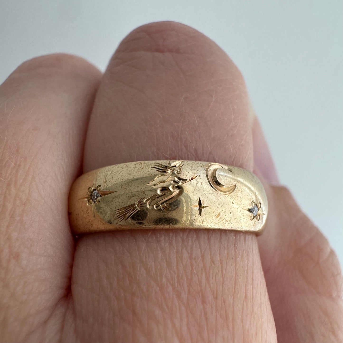 reimagined V I N T A G E // the best witch / 14k and diamond starburst eternity band with a witch flying on a broom / size 8ish
