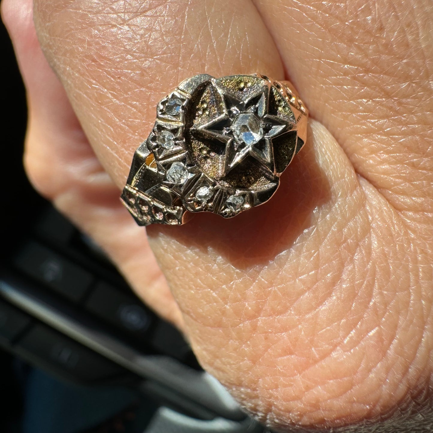 A N T I Q U E // victorian stardust / 10k rosy yellow crescent and star signet ring with rose cut diamonds / size 7