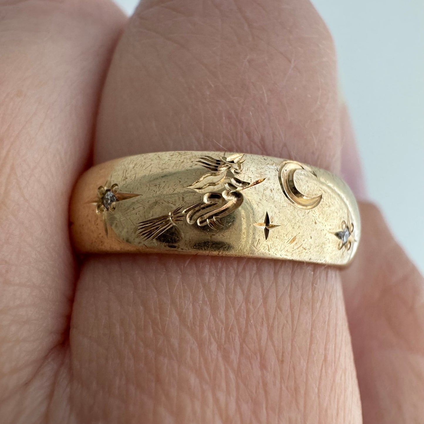reimagined V I N T A G E // the best witch / 14k and diamond starburst eternity band with a witch flying on a broom / size 8ish
