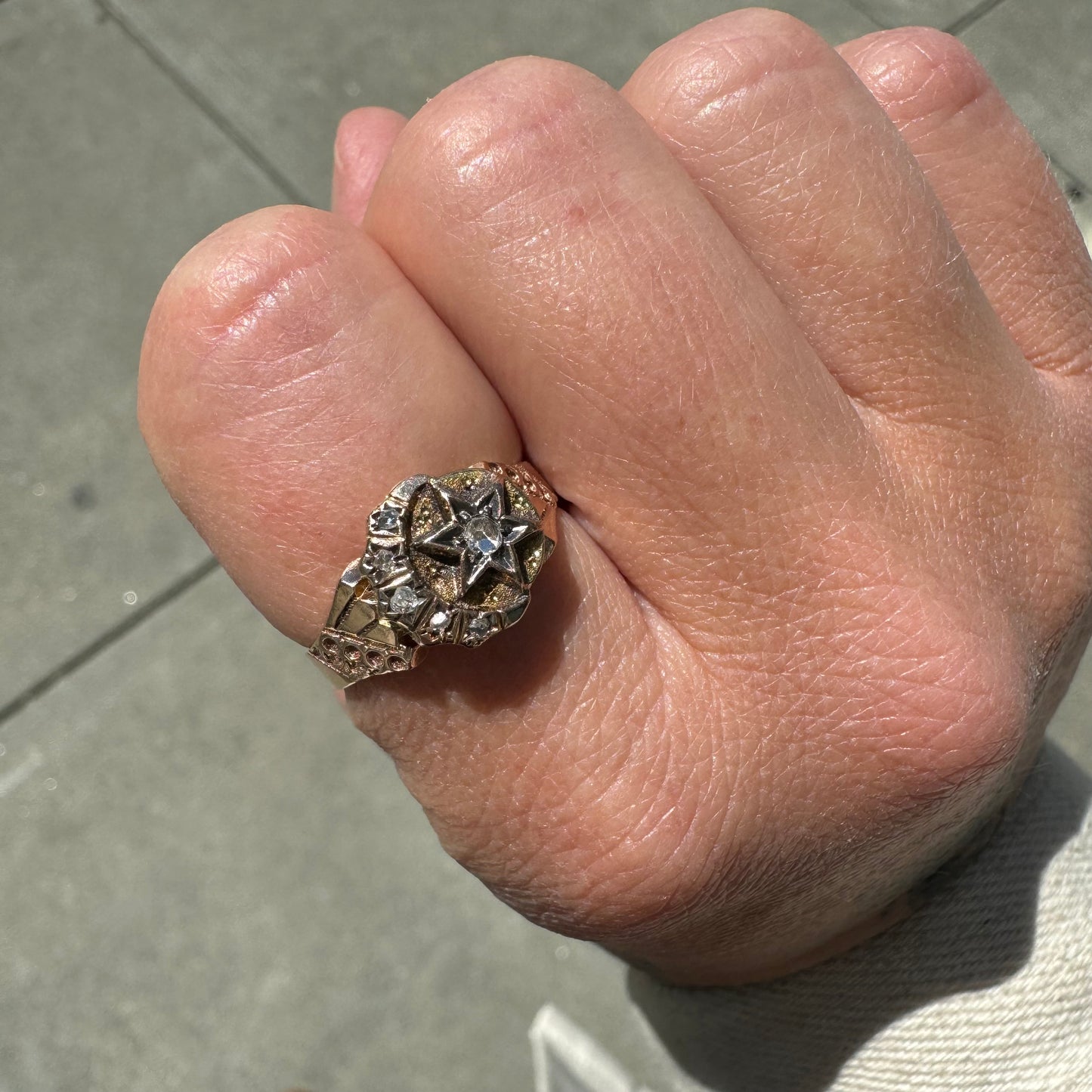 A N T I Q U E // victorian stardust / 10k rosy yellow crescent and star signet ring with rose cut diamonds / size 7