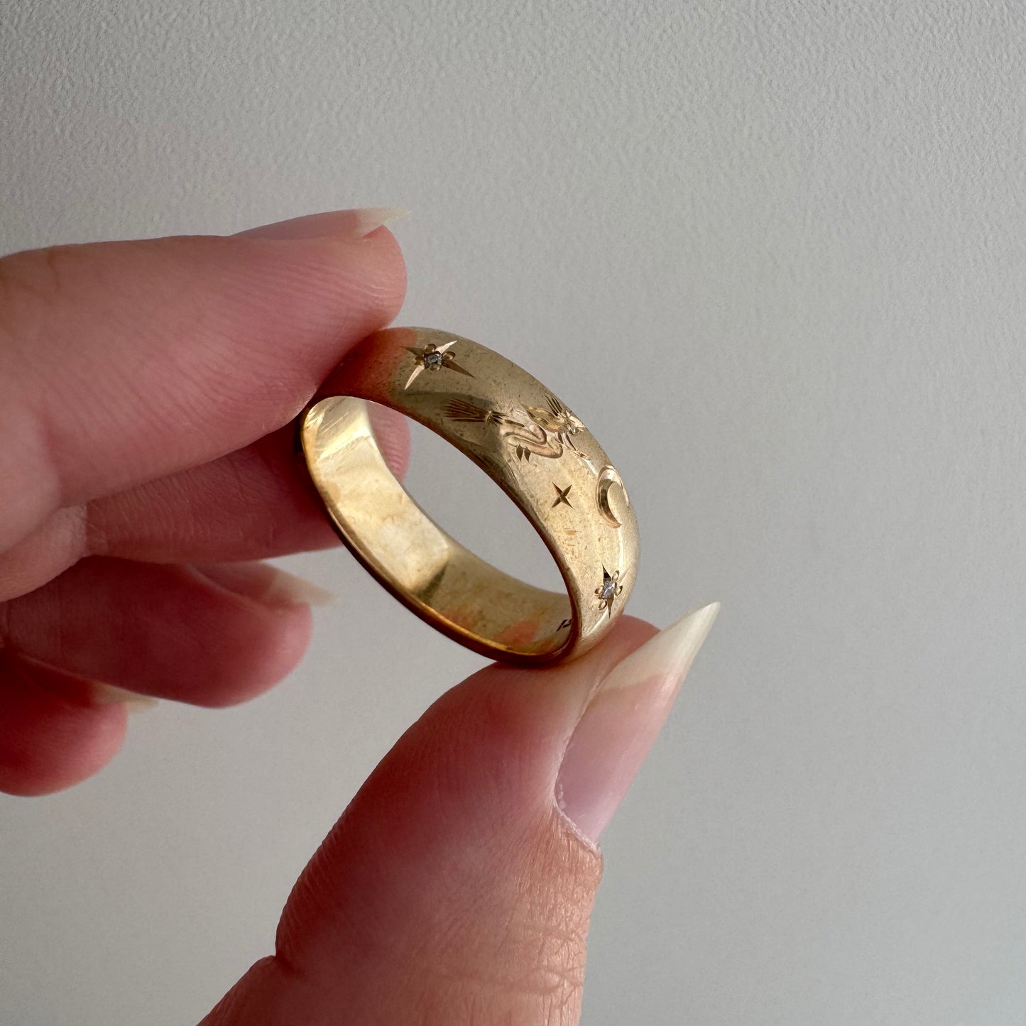 reimagined V I N T A G E // the best witch / 14k and diamond starburst eternity band with a witch flying on a broom / size 8ish