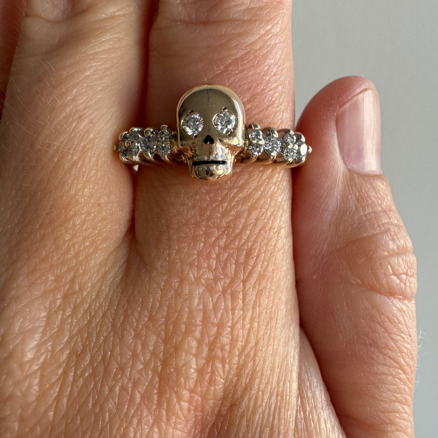 reimagined V I N T A G E // memento mori / 14k + 10k yellow gold and 0.25 tcw diamond ring / Memento Mori skull conversion ring / size 8.75