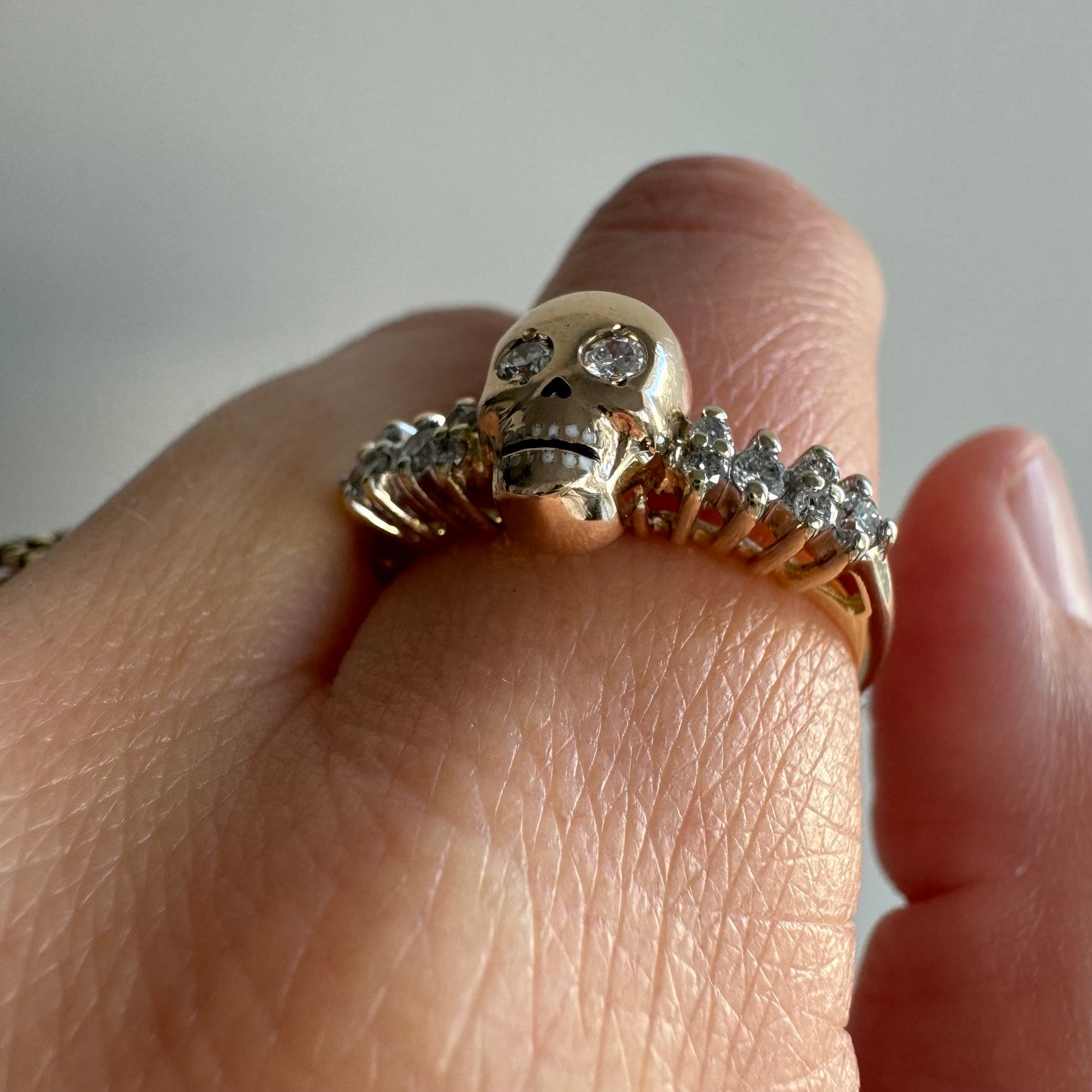 reimagined V I N T A G E // memento mori / 14k + 10k yellow gold and 0.25 tcw diamond ring / Memento Mori skull conversion ring / size 8.75