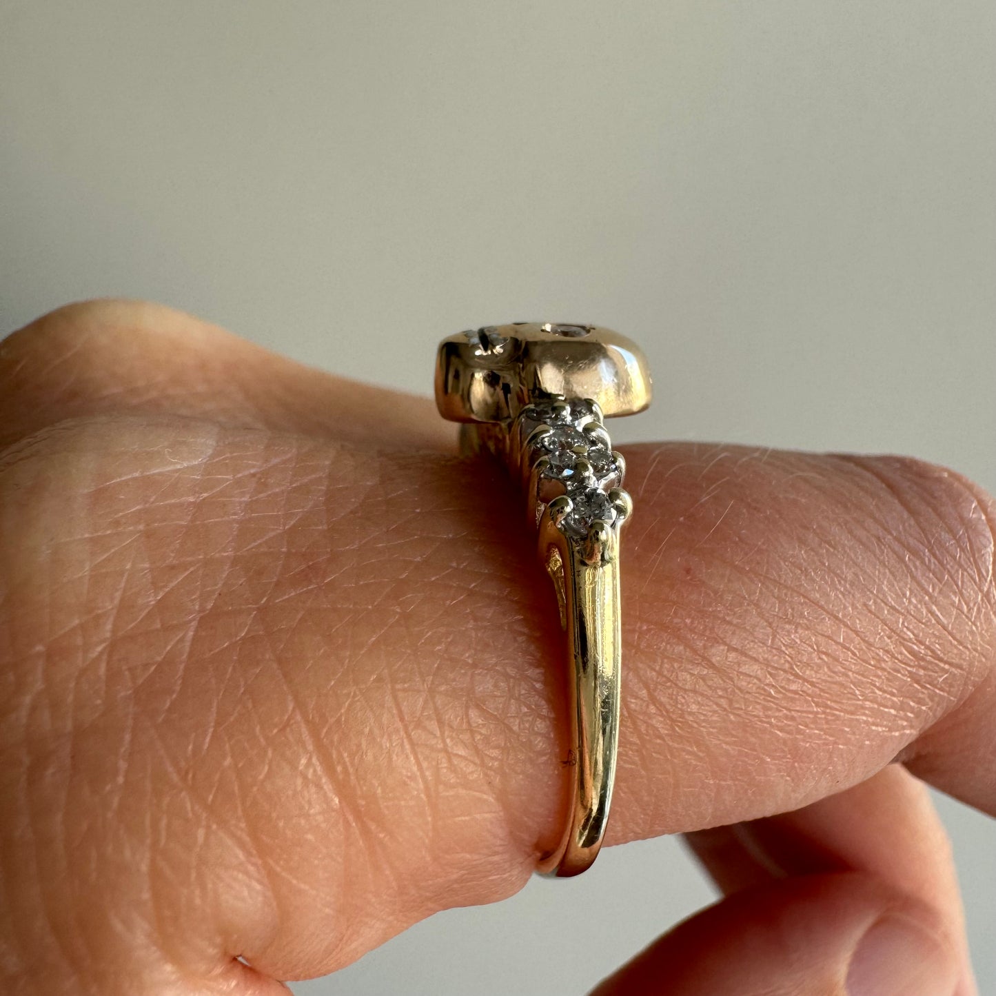 reimagined V I N T A G E // memento mori / 14k + 10k yellow gold and 0.25 tcw diamond ring / Memento Mori skull conversion ring / size 8.75