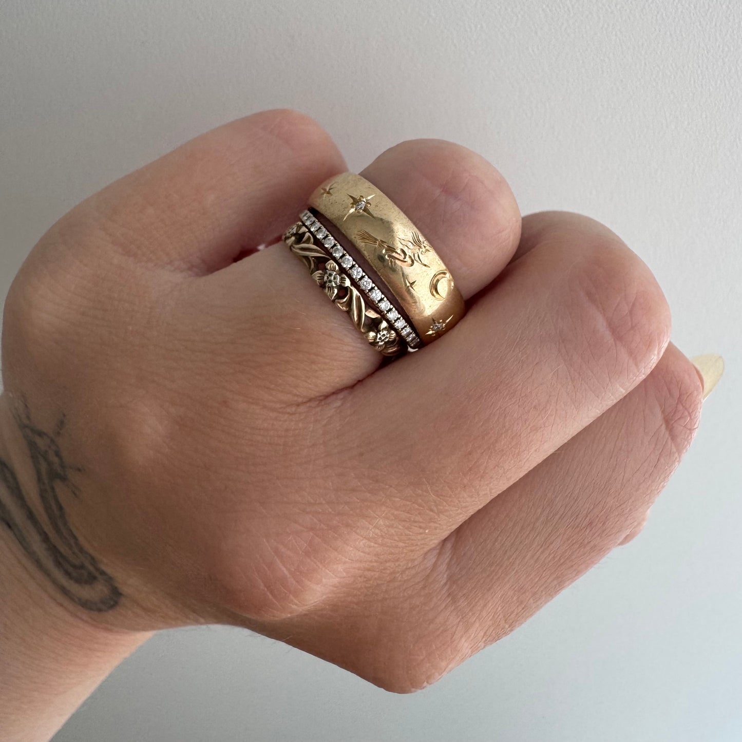 reimagined V I N T A G E // the best witch / 14k and diamond starburst eternity band with a witch flying on a broom / size 8ish