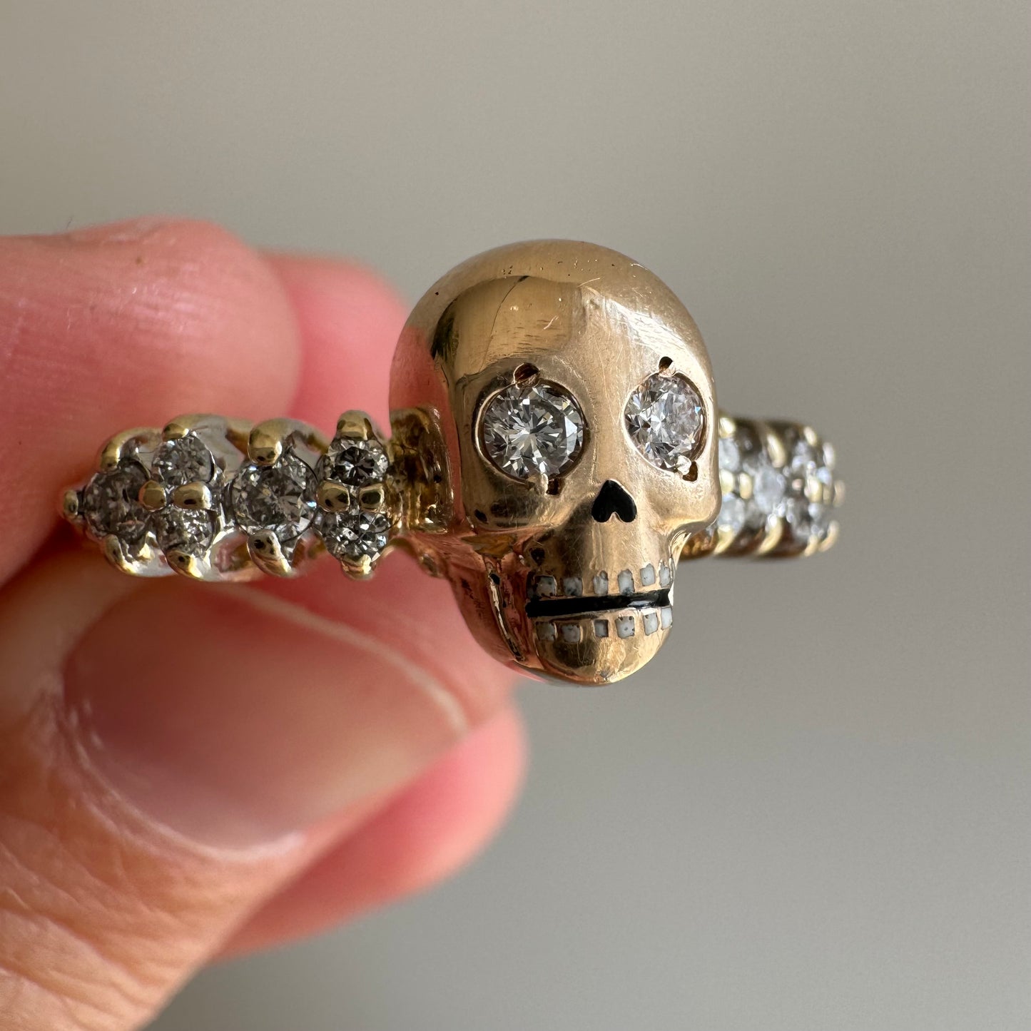 reimagined V I N T A G E // memento mori / 14k + 10k yellow gold and 0.25 tcw diamond ring / Memento Mori skull conversion ring / size 8.75