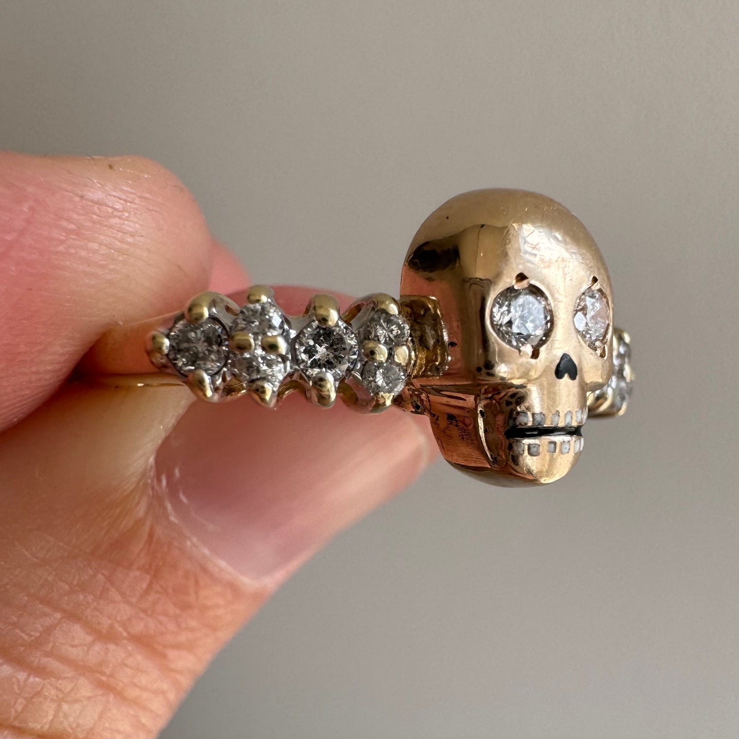 reimagined V I N T A G E // memento mori / 14k + 10k yellow gold and 0.25 tcw diamond ring / Memento Mori skull conversion ring / size 8.75