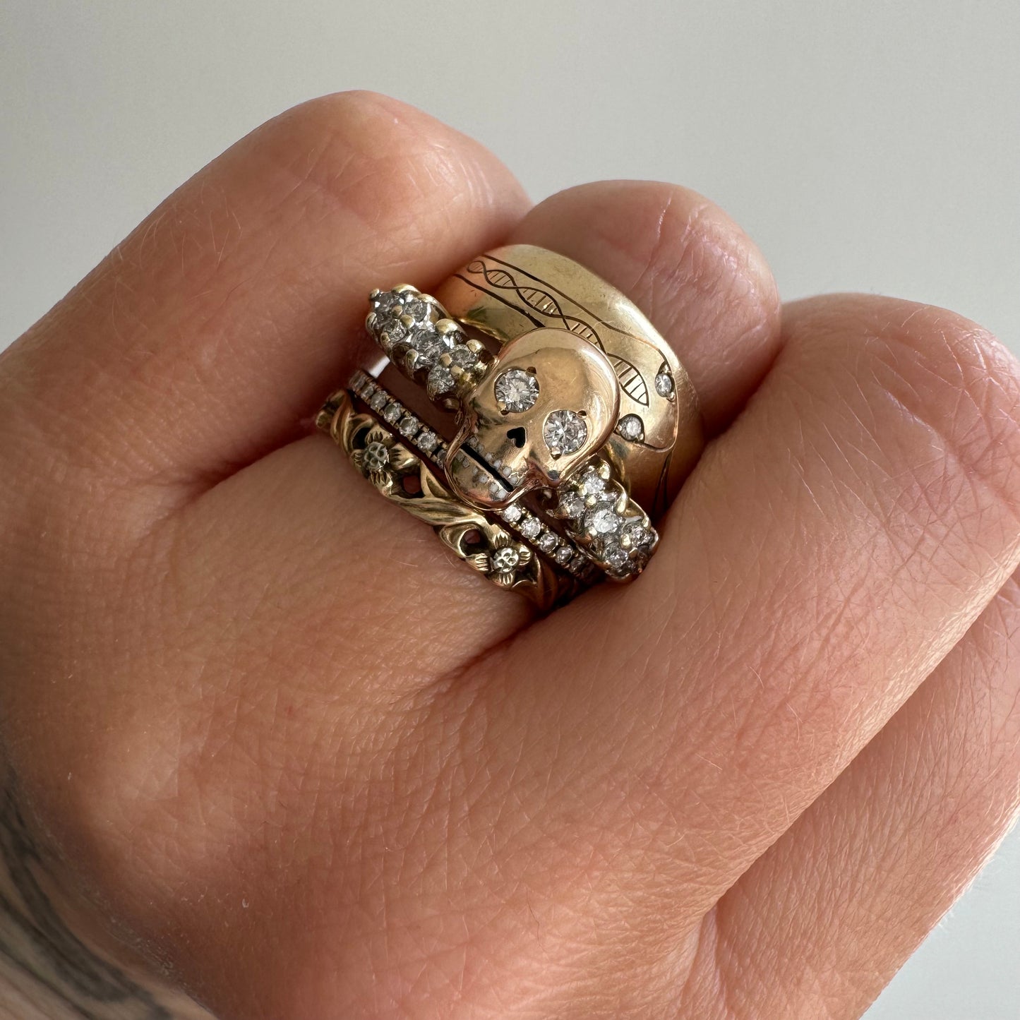 reimagined V I N T A G E // memento mori / 14k + 10k yellow gold and 0.25 tcw diamond ring / Memento Mori skull conversion ring / size 8.75