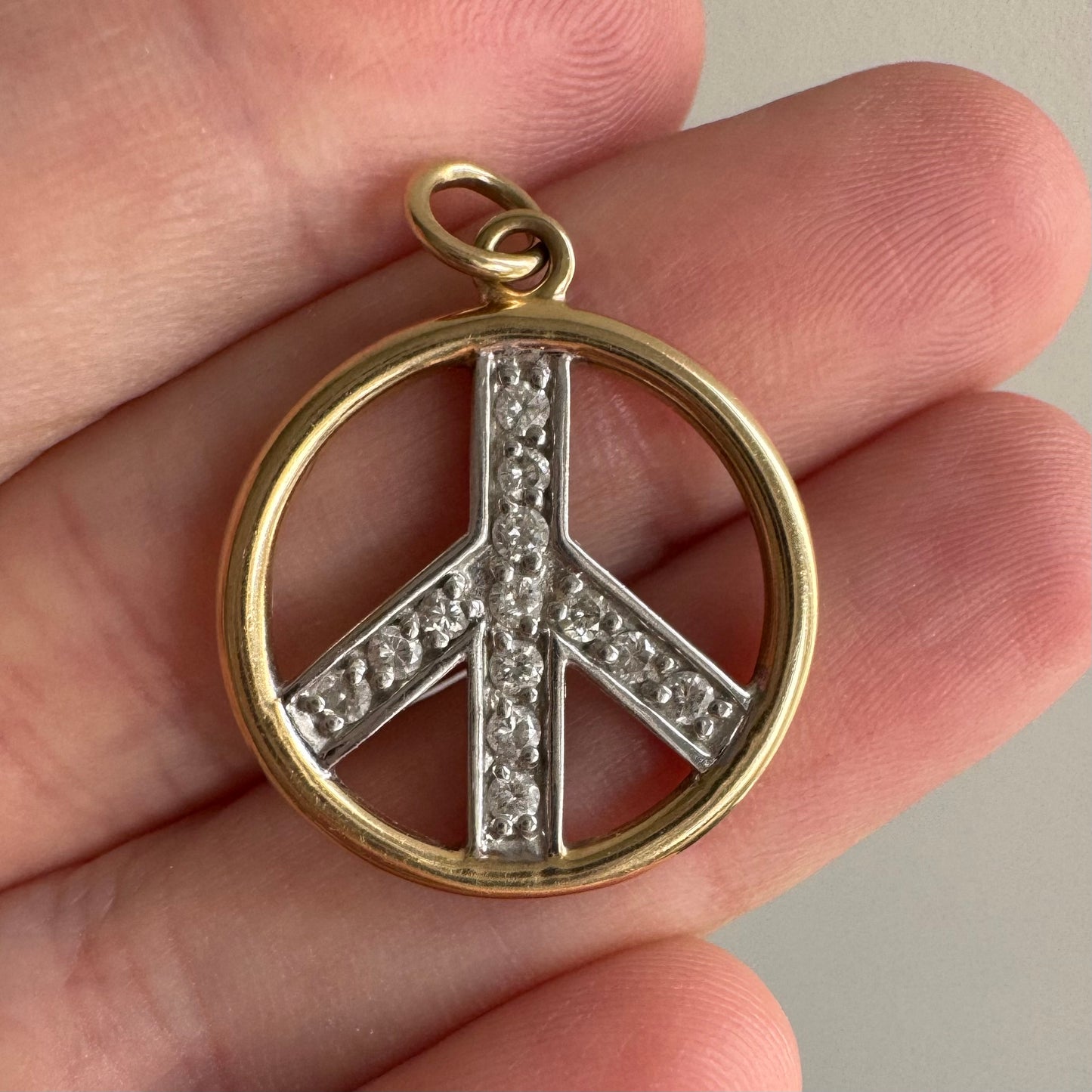 V I N T A G E // give peace a chance / 14k yellow and white gold with diamonds / peace sign pendant