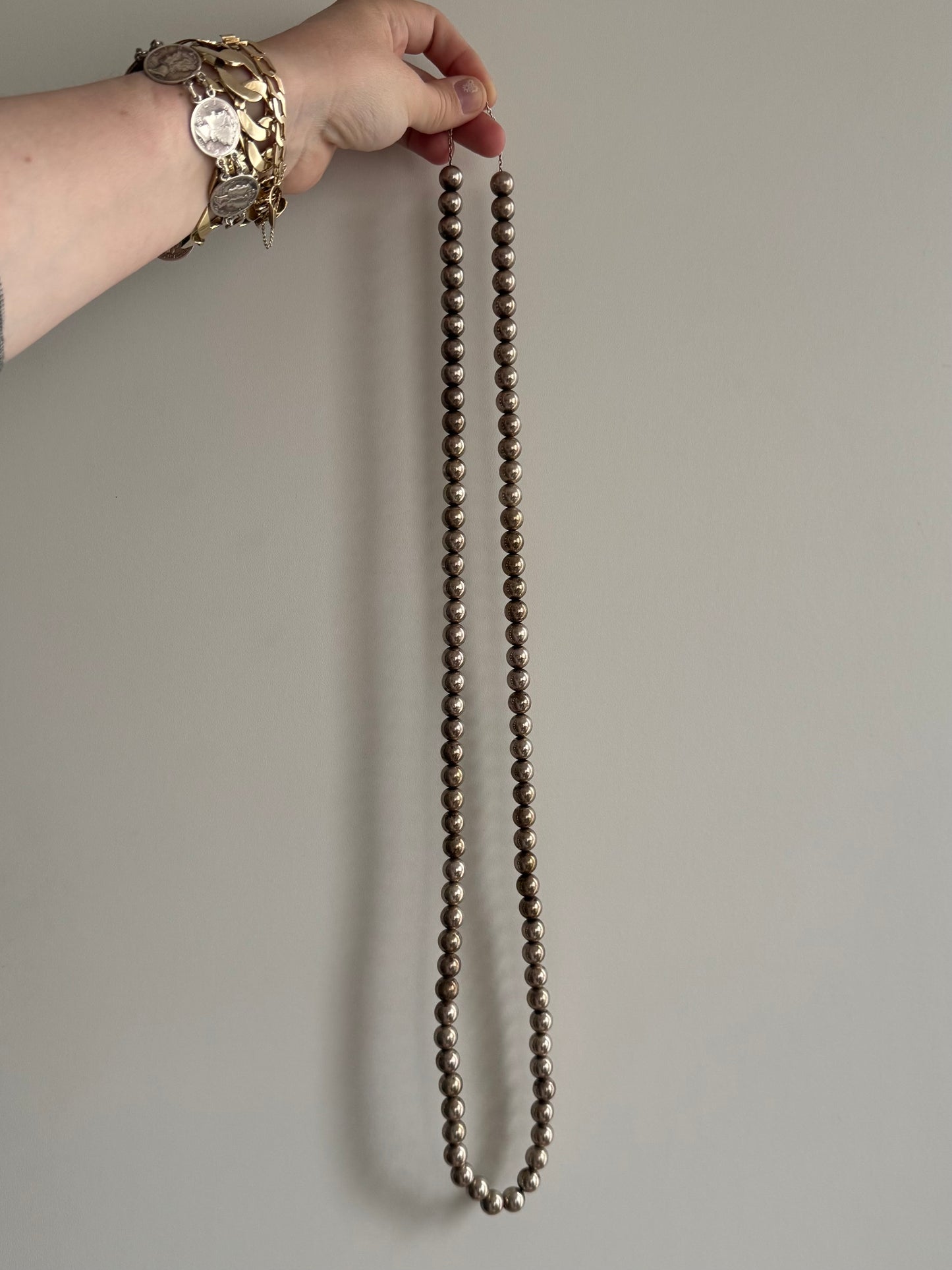 V I N T A G E // silver pearls / sterling silver bead necklace / super long / 37.25", 94g