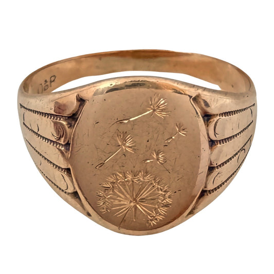 reimagined A N T I Q U E // letting go / 10k rosy gold signet with newly engraved dandelion / size 5.5