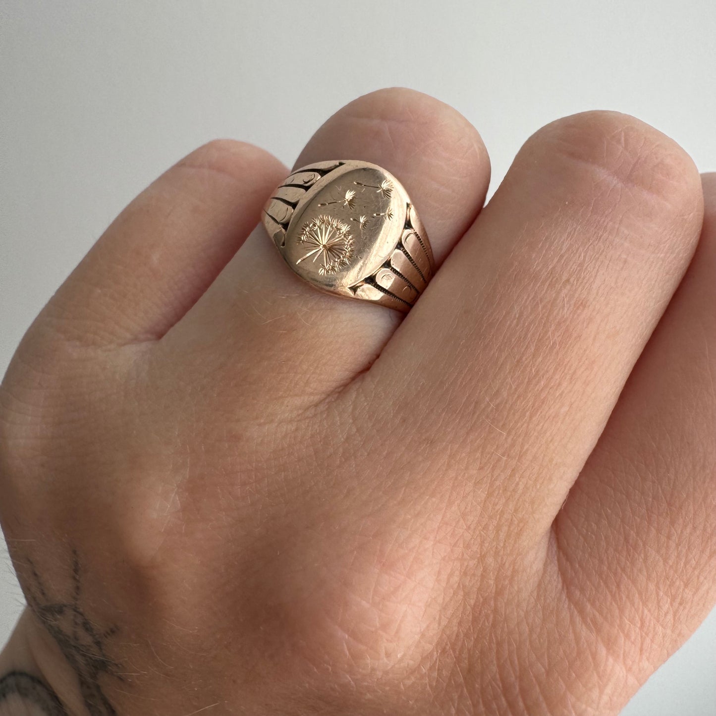 reimagined A N T I Q U E // letting go / 10k rosy gold signet with newly engraved dandelion / size 5.5