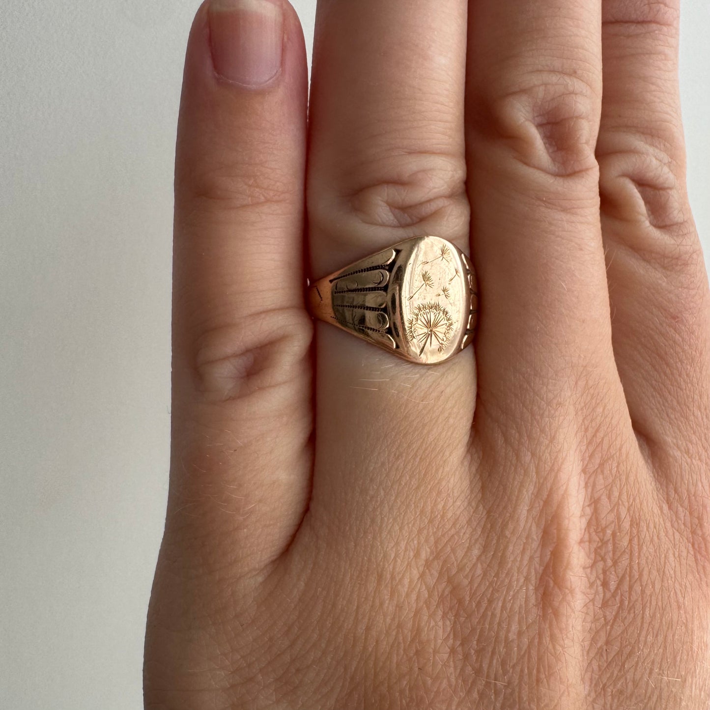 reimagined A N T I Q U E // letting go / 10k rosy gold signet with newly engraved dandelion / size 5.5