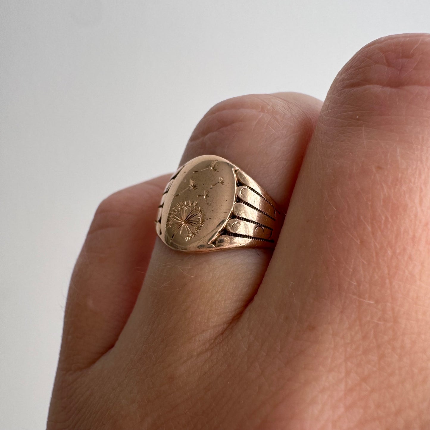 reimagined A N T I Q U E // letting go / 10k rosy gold signet with newly engraved dandelion / size 5.5