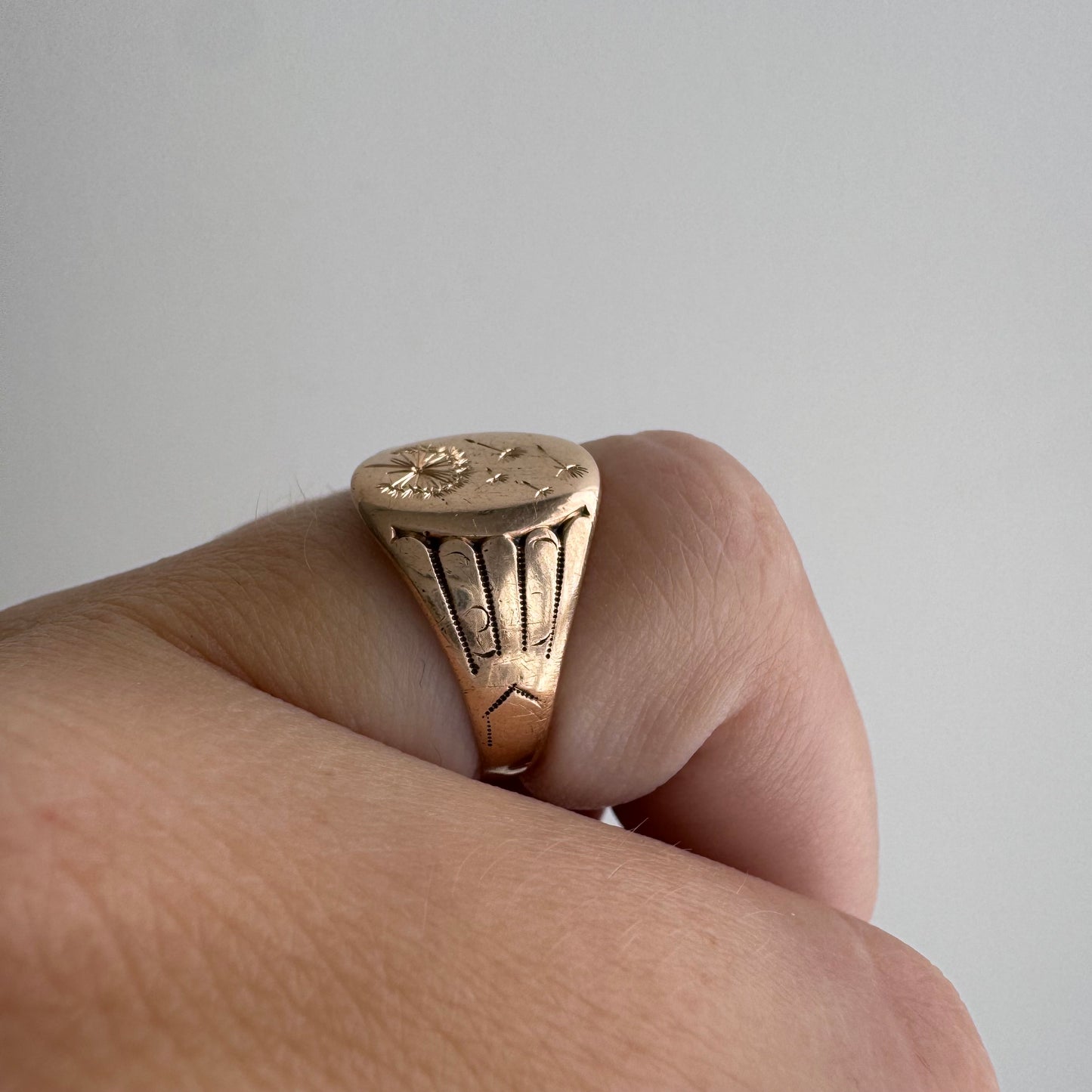 reimagined A N T I Q U E // letting go / 10k rosy gold signet with newly engraved dandelion / size 5.5