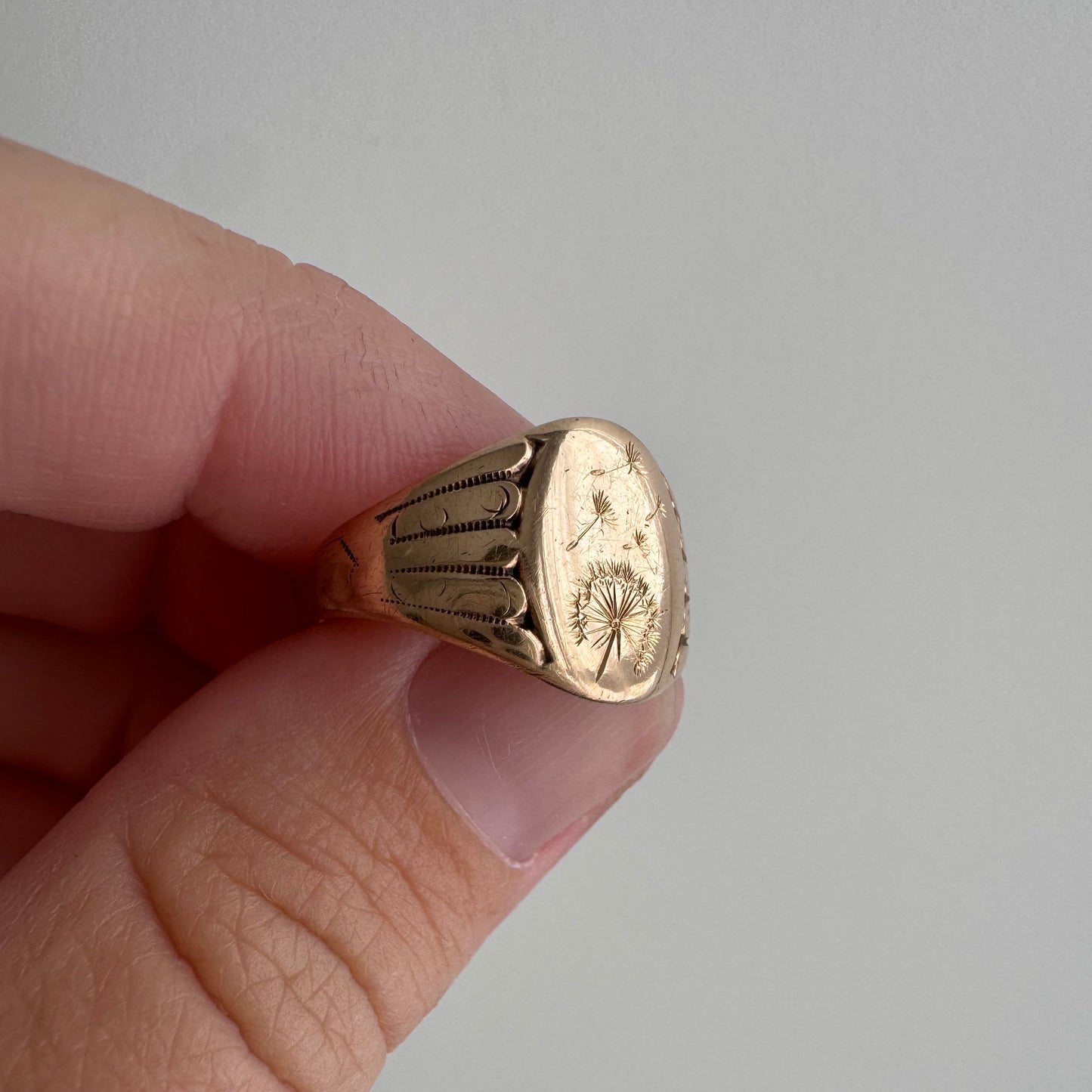 reimagined A N T I Q U E // letting go / 10k rosy gold signet with newly engraved dandelion / size 5.5