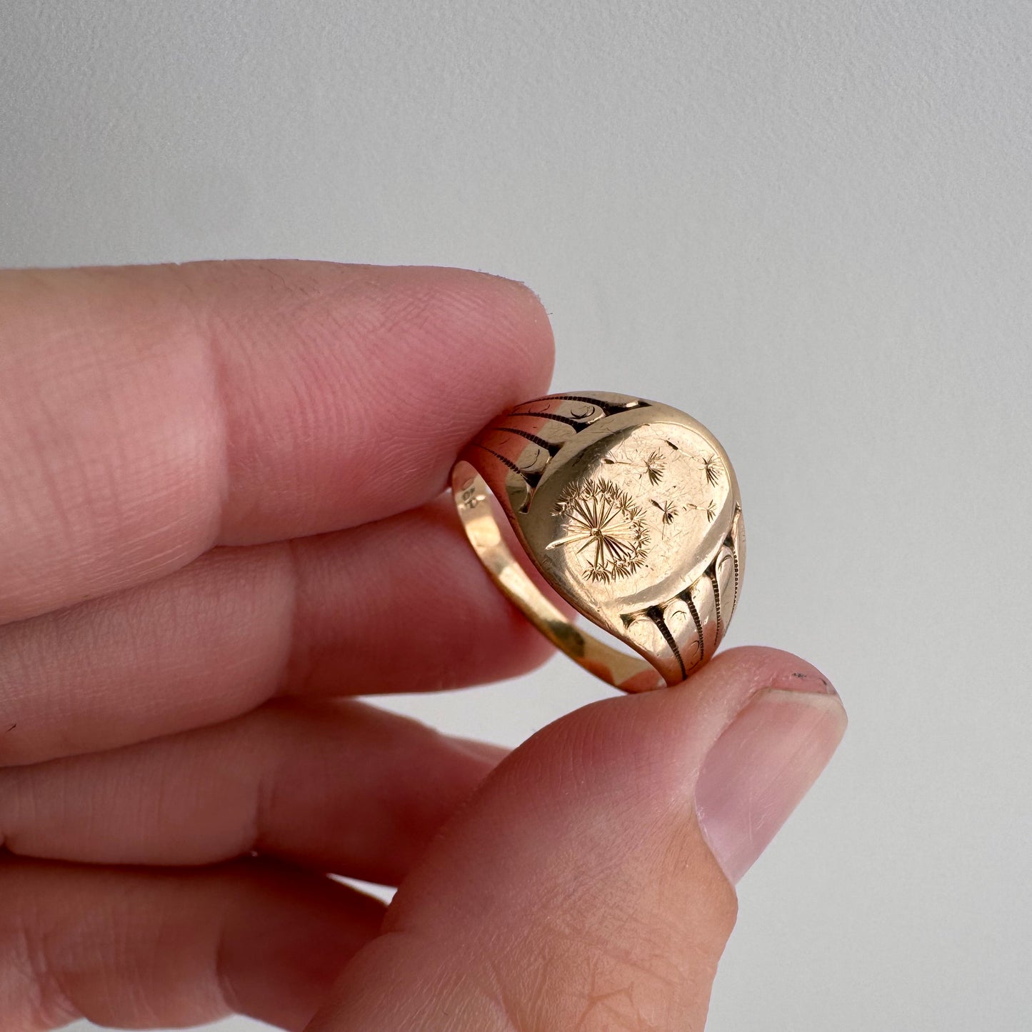 reimagined A N T I Q U E // letting go / 10k rosy gold signet with newly engraved dandelion / size 5.5
