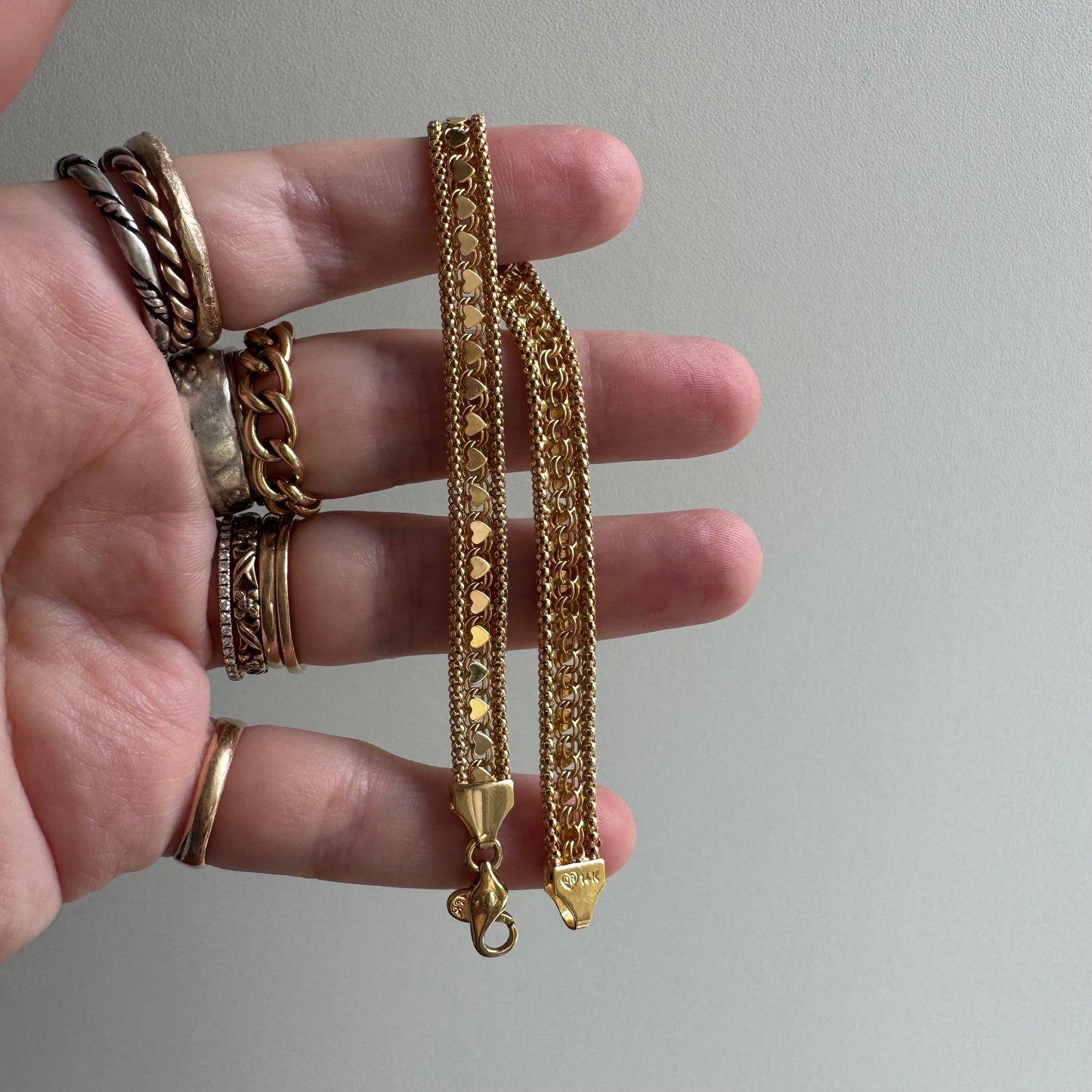 V I N T A G E // woven love / 14k string of hearts woven flat necklace and bracelet set / 22g