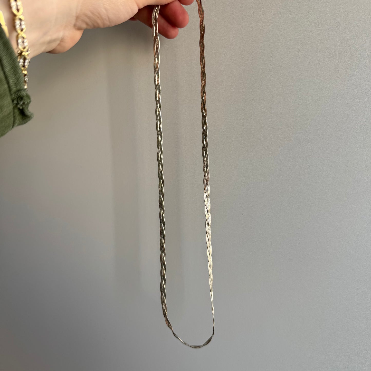 V I N T A G E // herringbone braid / sterling silver long flat braided chain / 23.75", 11g