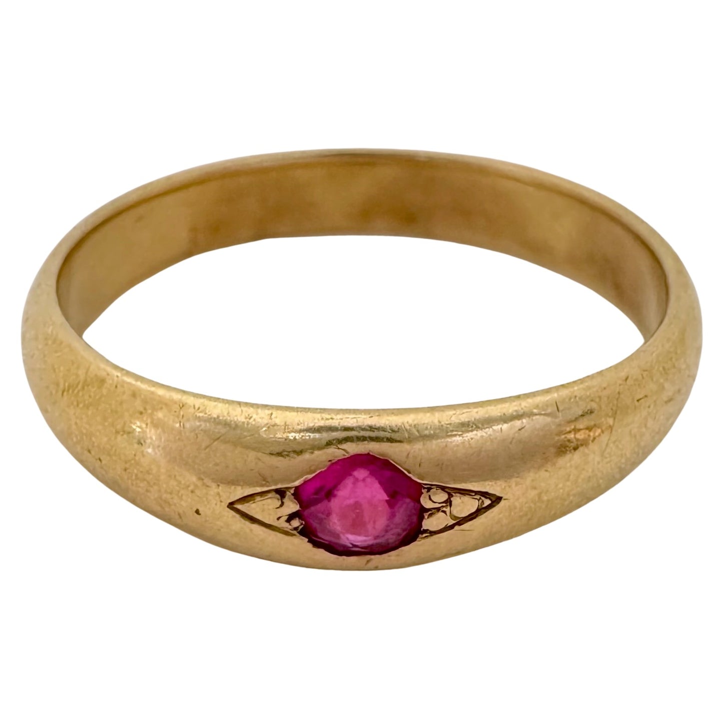 A N T I Q U E // Vedic eye / 18k and pink topaz eye-set solitaire domed tapered band / size 8.75