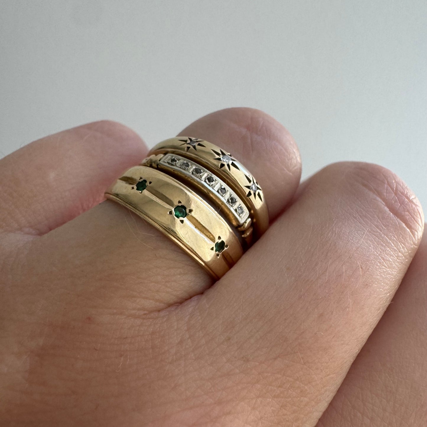 V I N T A G E // subtle stars / 14k and emerald trilogy half eternity tapered wide band / size ~7.25