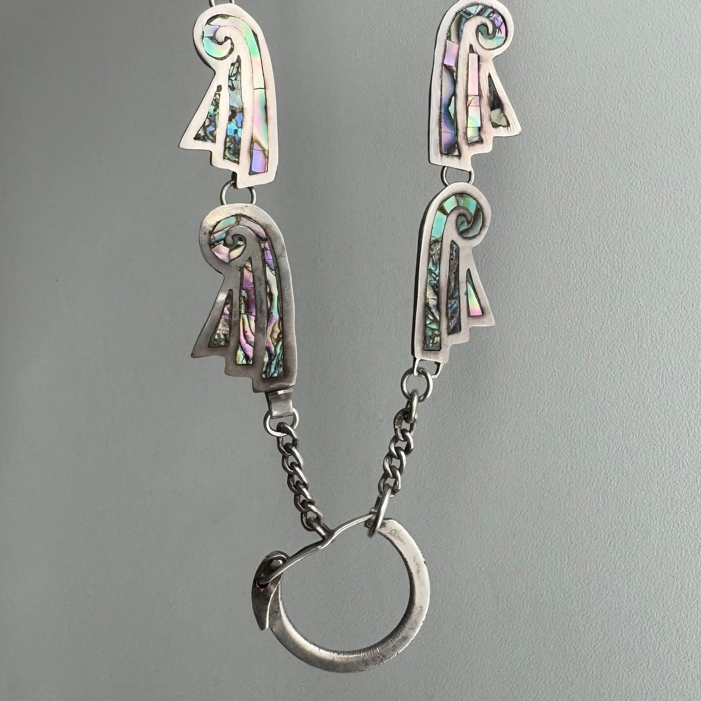 reimagined V I N T A G E // rainbow birds / re-worked sterling silver and abalone bird-like link necklace with charm holder clasp / 16.5", ~40g