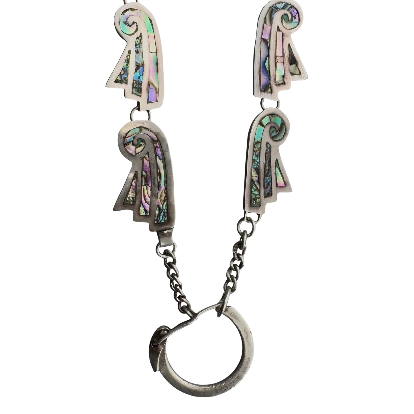 reimagined V I N T A G E // rainbow birds / re-worked sterling silver and abalone bird-like link necklace with charm holder clasp / 16.5", ~40g