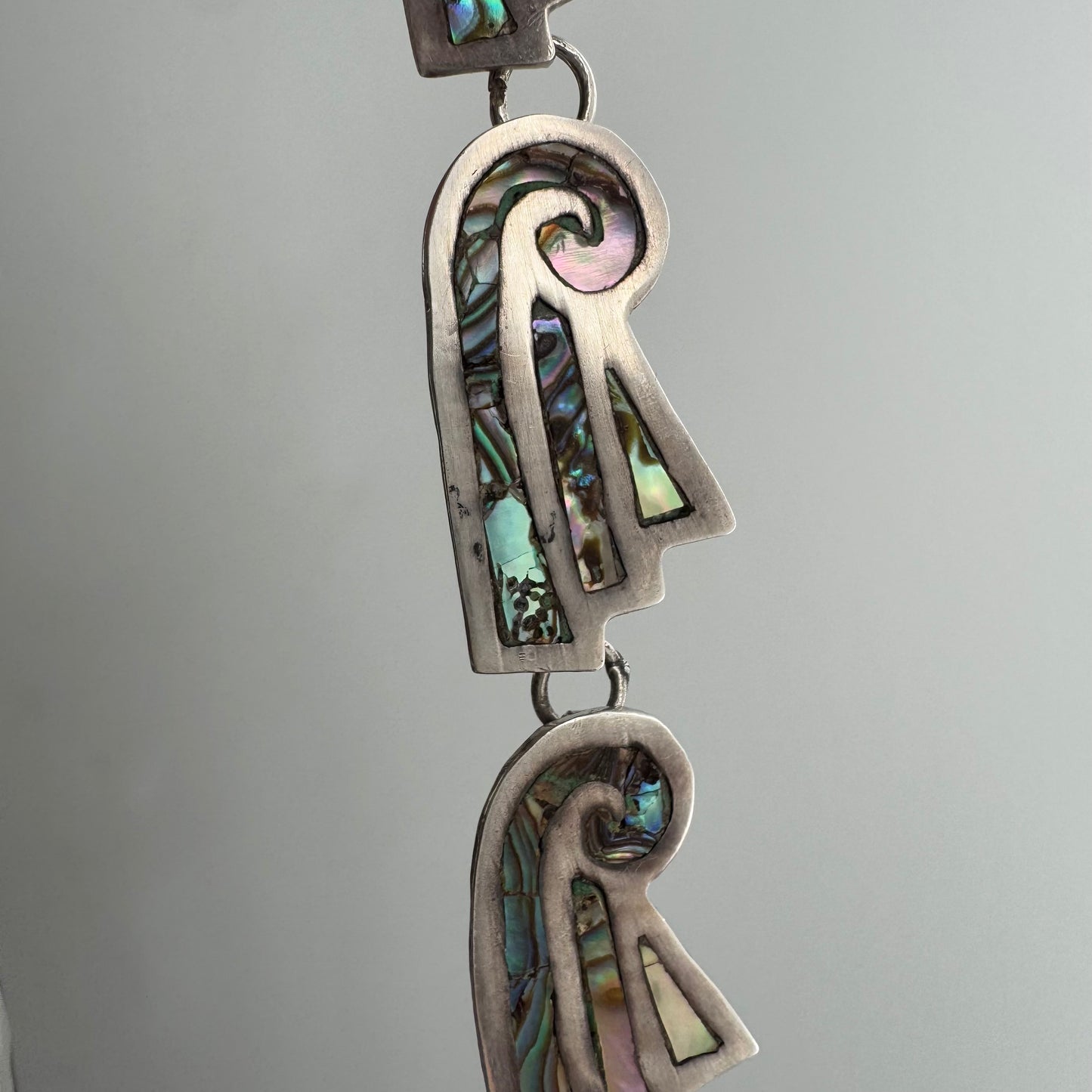 reimagined V I N T A G E // rainbow birds / re-worked sterling silver and abalone bird-like link necklace with charm holder clasp / 16.5", ~40g